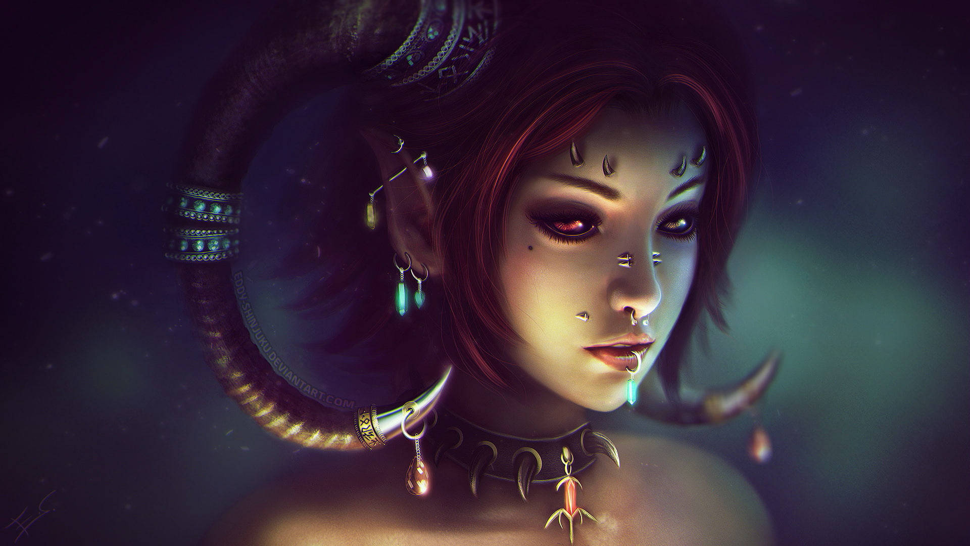 intense red devil girl, glowing red eyes, ornate horns adorned with jewels, Full HD Desktop Wallpaper