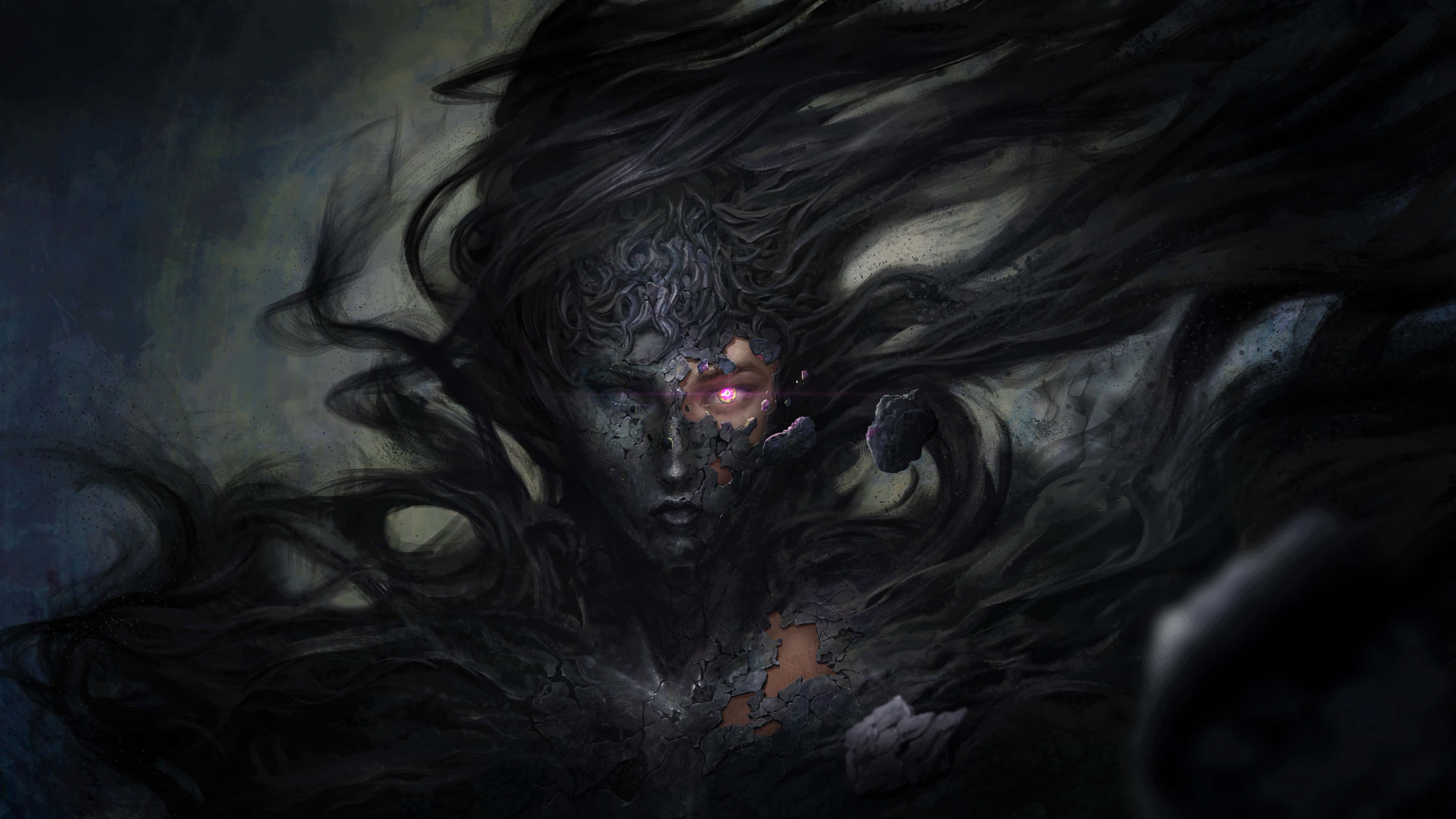 Devil Girl, glowing red eye, swirling dark hair, 4K Desktop Wallpaper