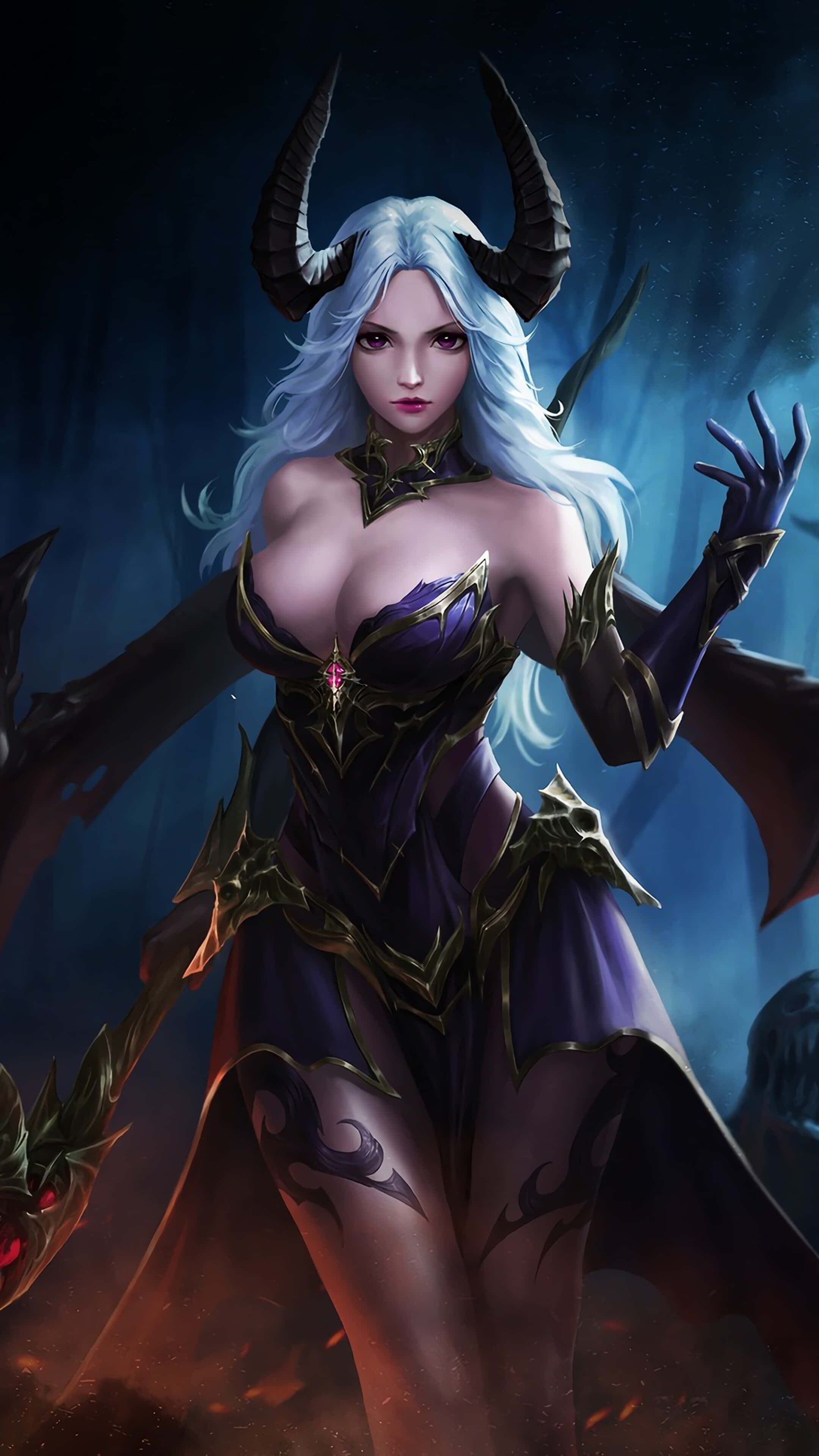 Devil Girl, white hair, black horns, 4K Phone Wallpaper