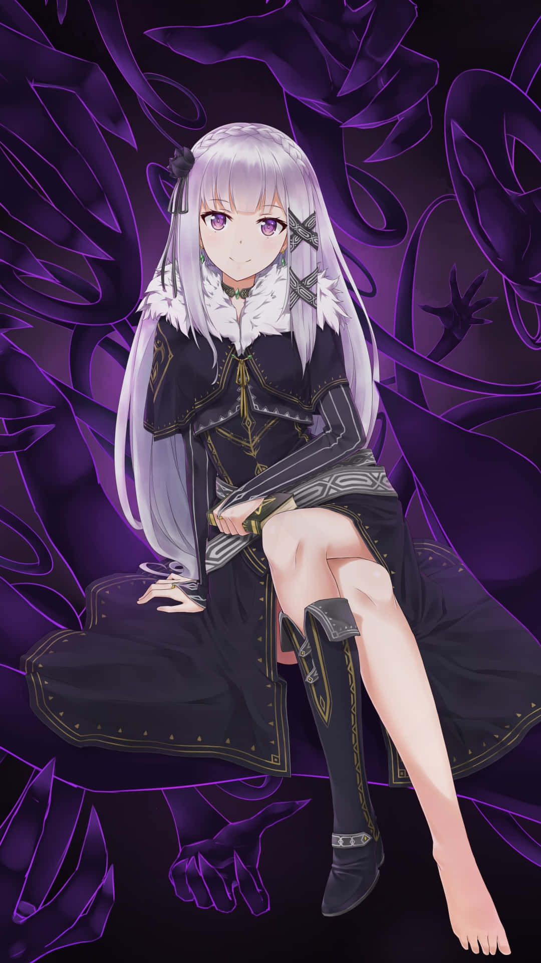 devil girl, silver-haired, black ornate outfit, Full HD Phone Wallpaper