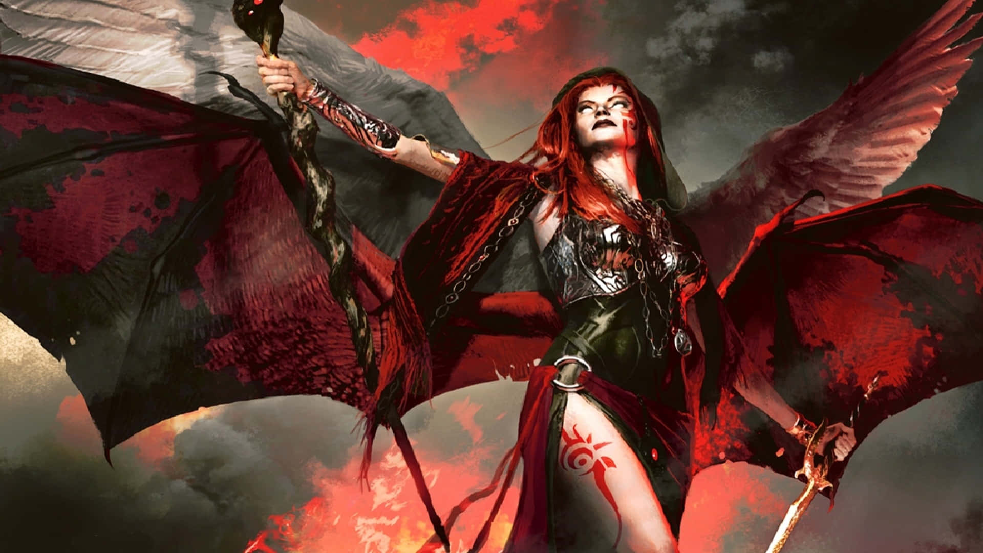 Devil Girl, red-haired demoness, bloodstained wings, Full HD Desktop Wallpaper