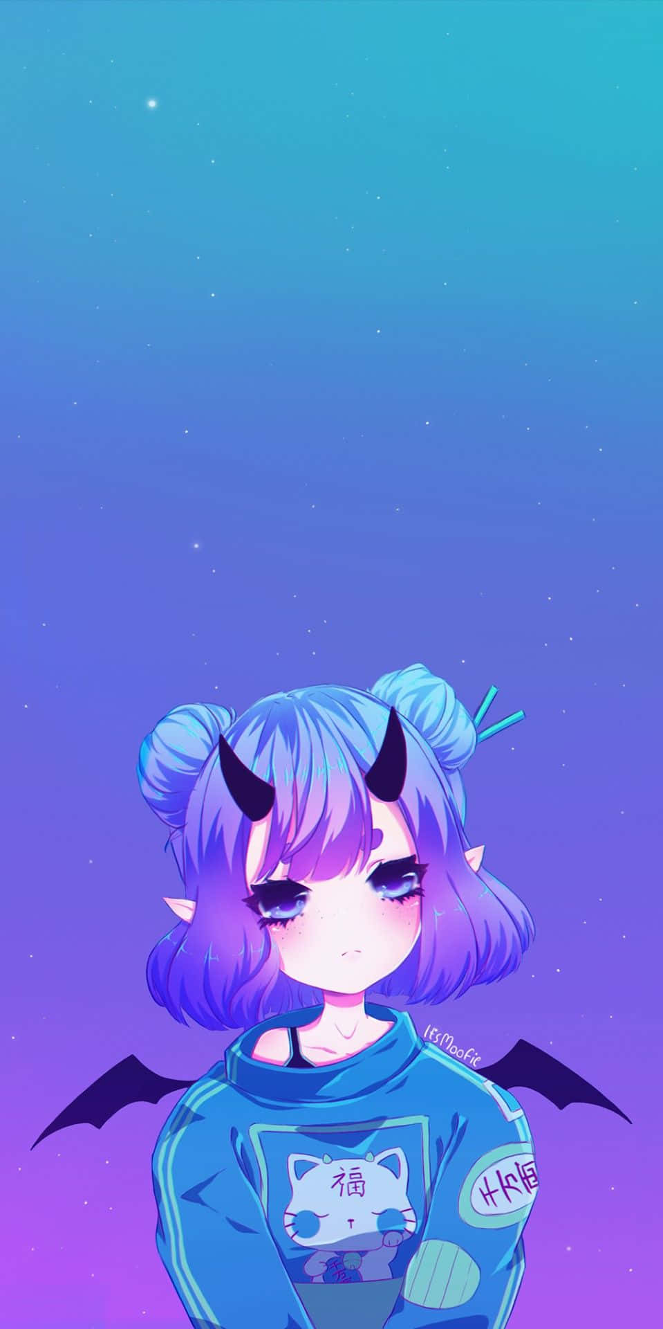 Devil Girl, blue hair, devil horns, Full HD Phone Wallpaper