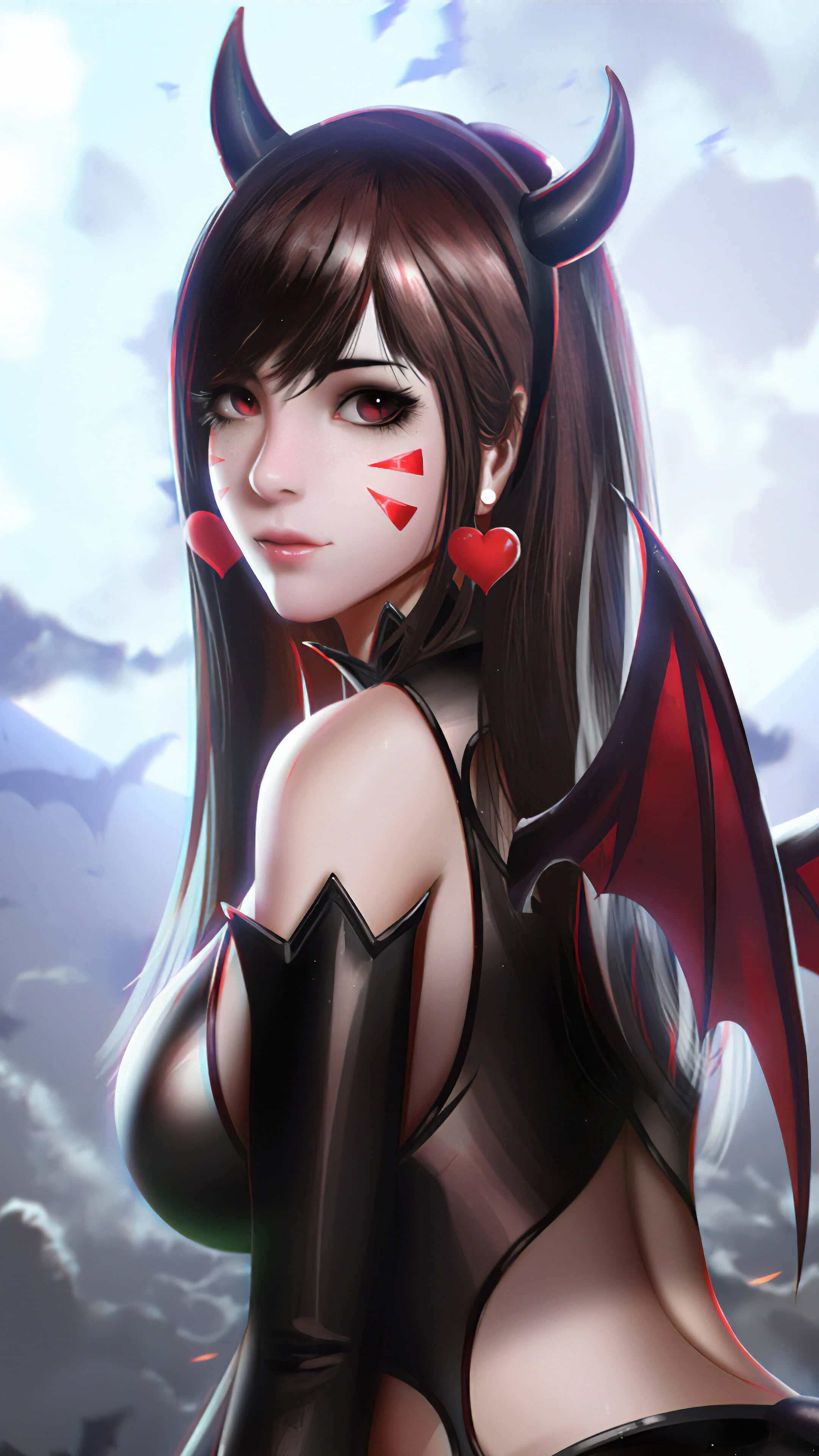 Devil Girl, red eyes, heart-shaped markings, 4K Phone Wallpaper