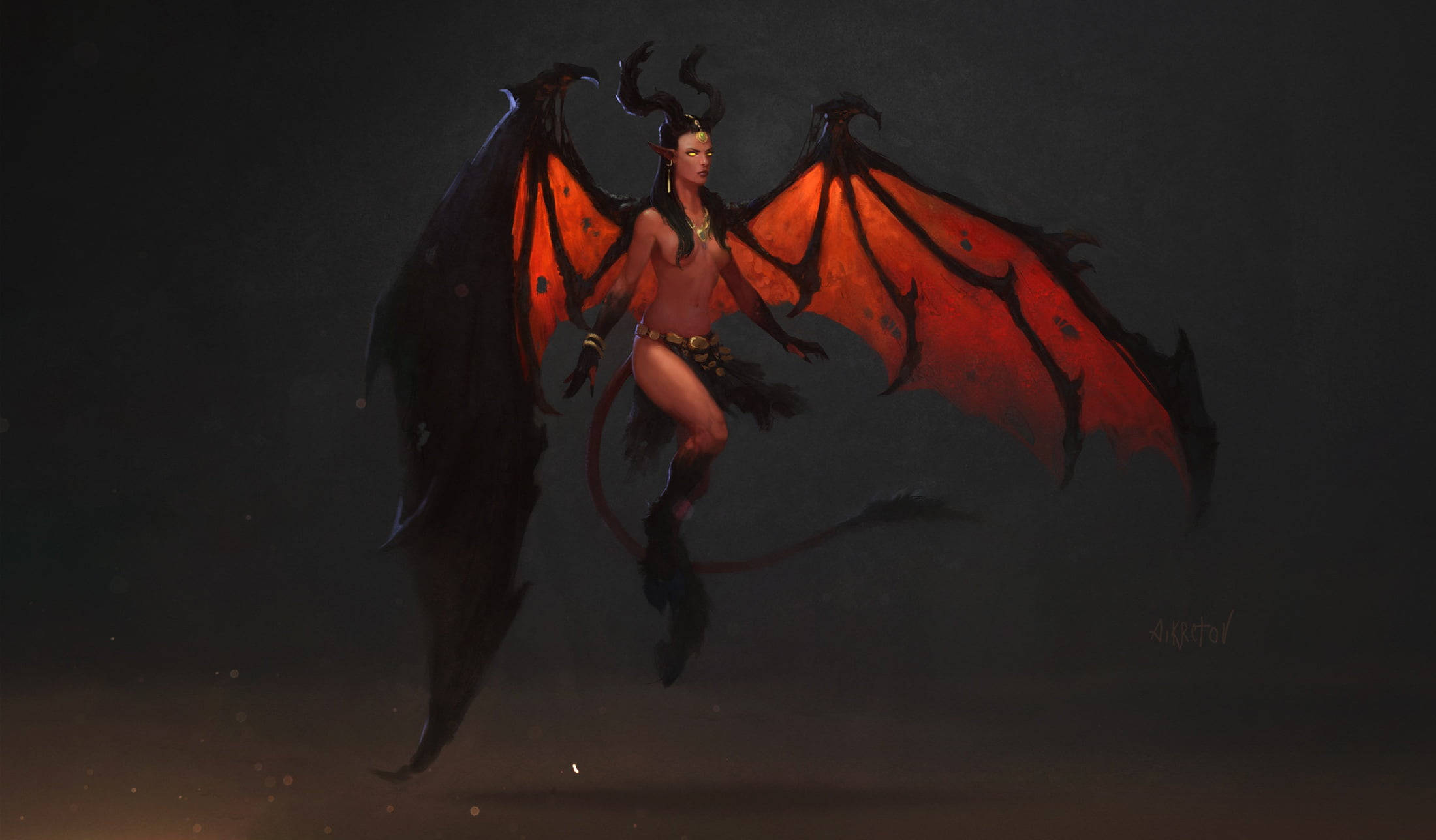 Red Devil Girl, glowing red wings, horns, Full HD Desktop Wallpaper