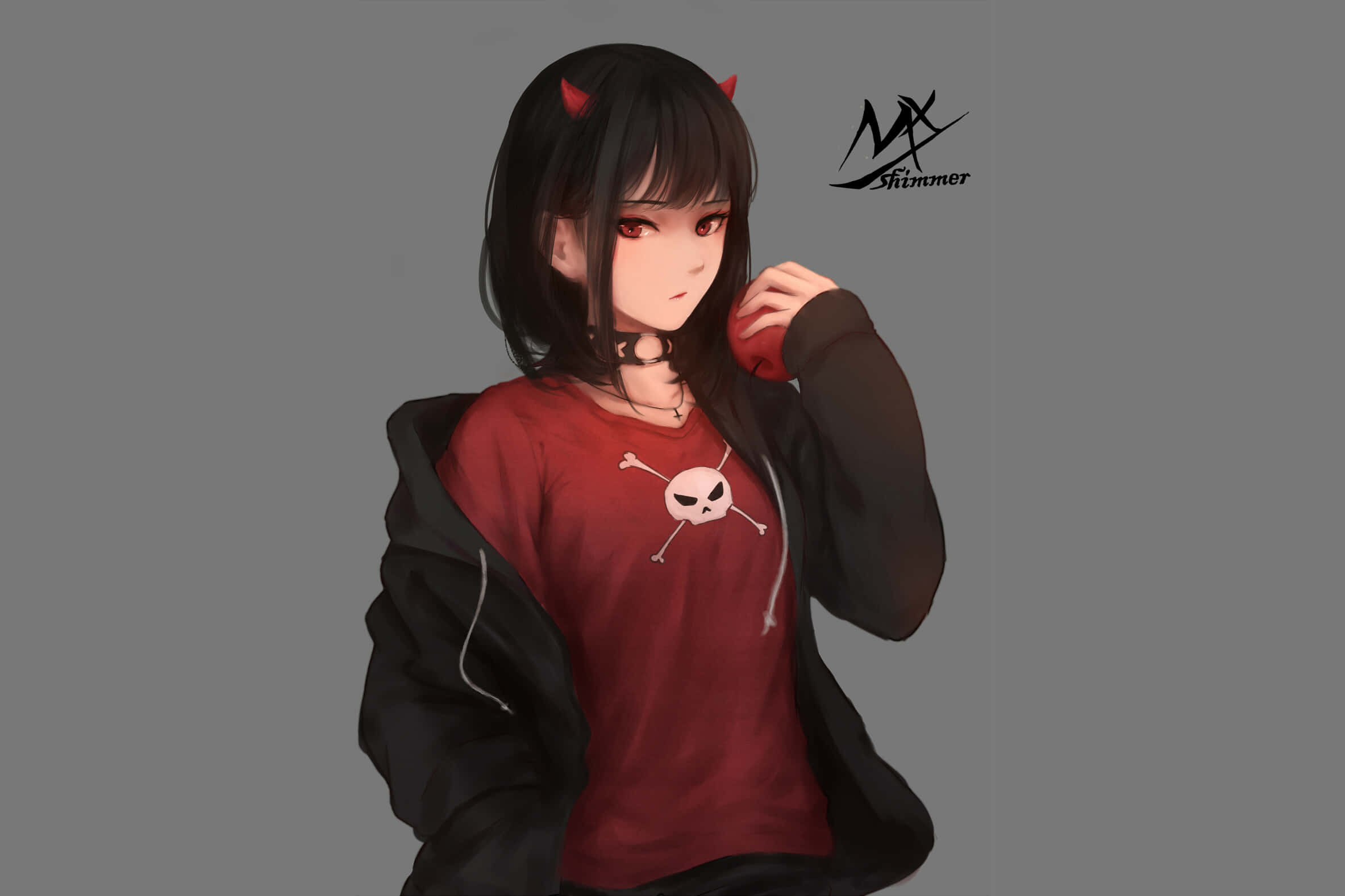 Devil Girl, black hair, red horns, Full HD Desktop Wallpaper