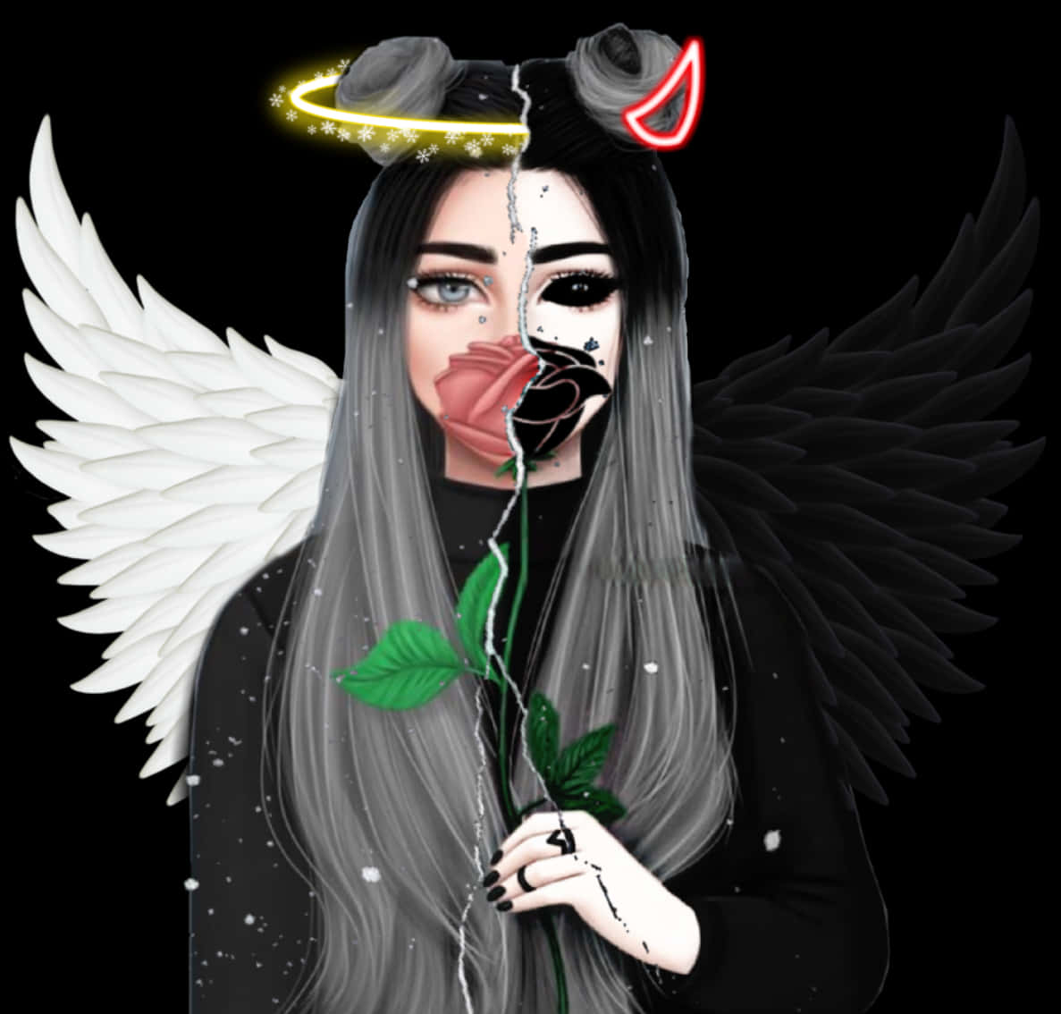 Cute Angel, Devil Girl, split-faced, SD Desktop Wallpaper