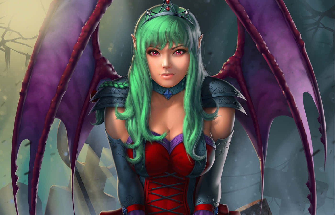 Devil Girl, green hair, purple wings, HD Desktop Wallpaper