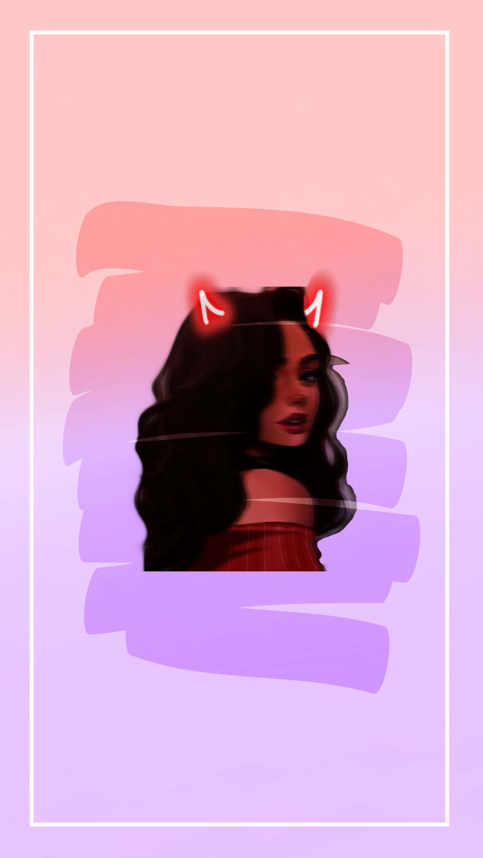 devil girl, glowing red devil horns, soft pink and purple gradient background, 2K Phone Wallpaper