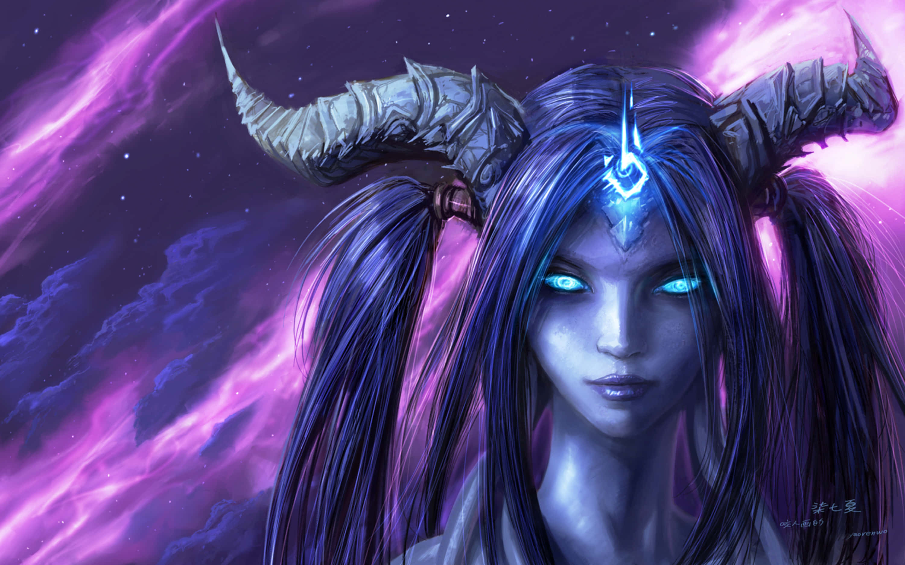 Devil Girl, glowing blue eyes, armored horns, 2K Desktop Wallpaper