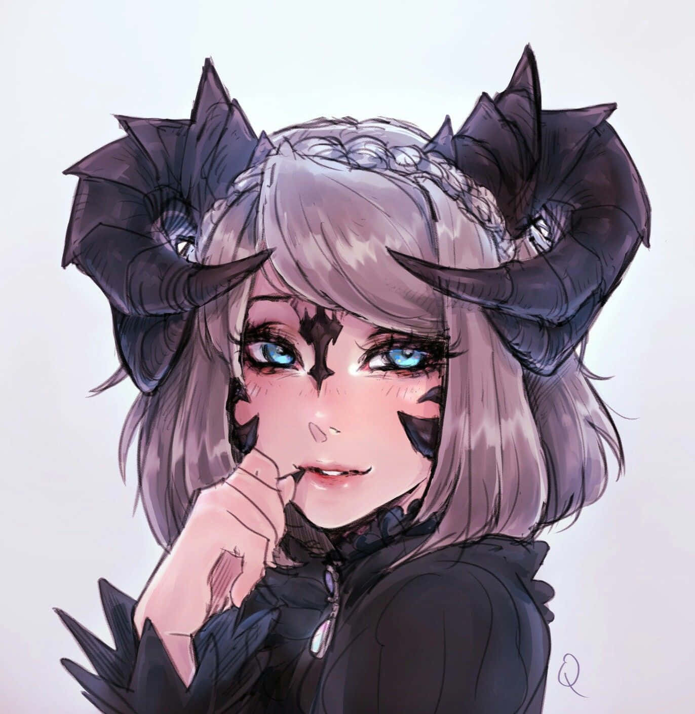 Devil Girl, gray hair, large black horns, HD Phone Wallpaper