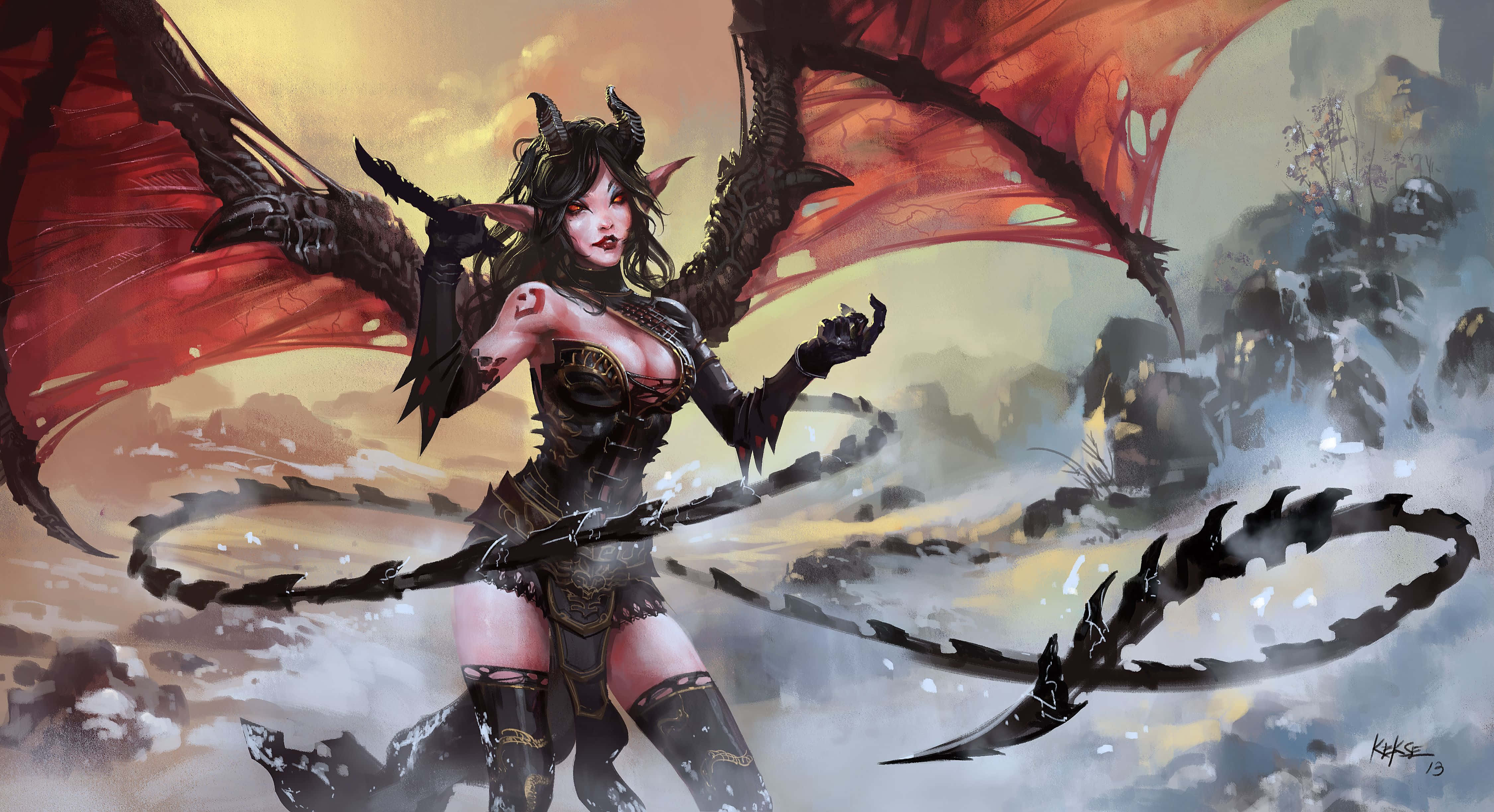Devil Girl, red wings, black horns, 4K Desktop Wallpaper