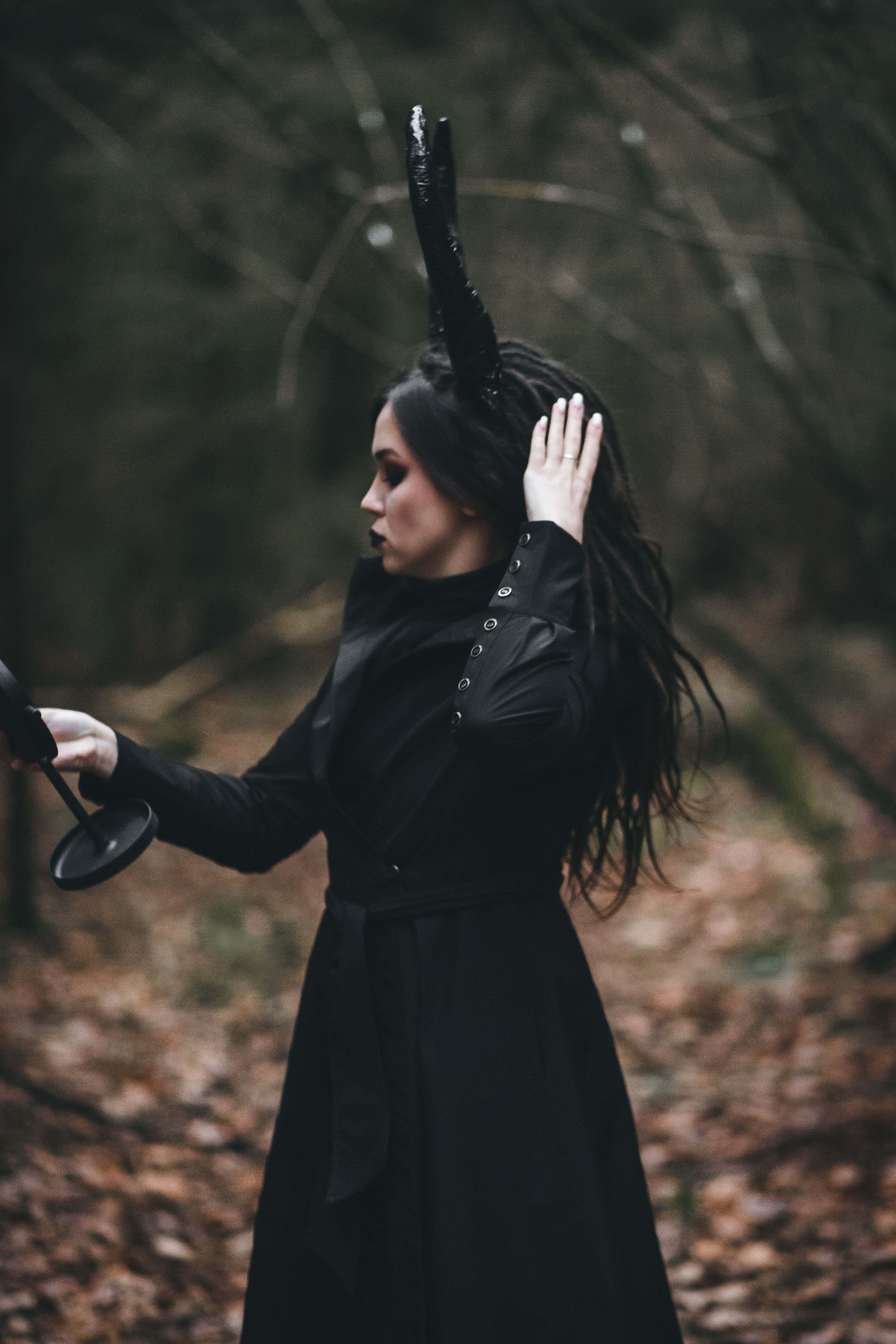 Devil Girl, black coat, horned headpiece, 5K Phone Wallpaper