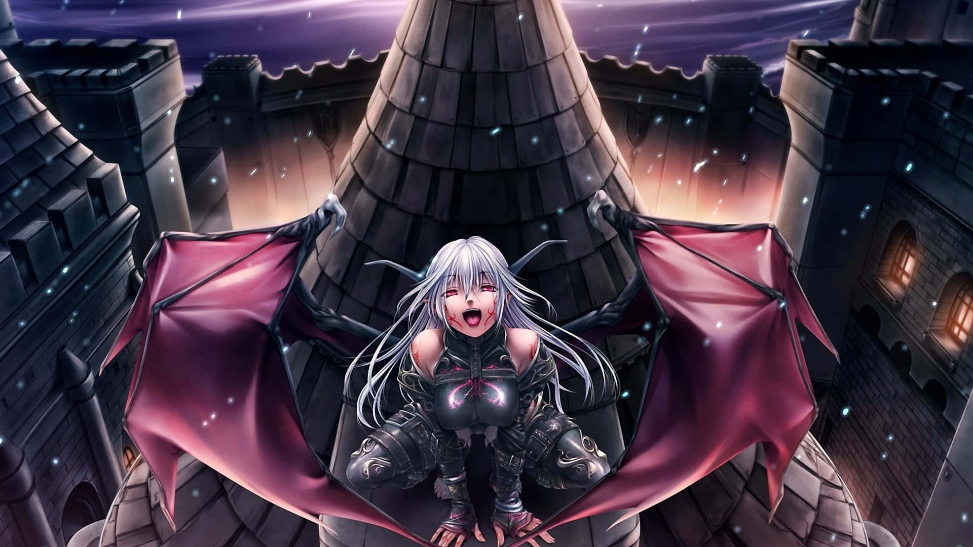 Devil Girl, silver-haired, red bat wings, Full HD Desktop Wallpaper