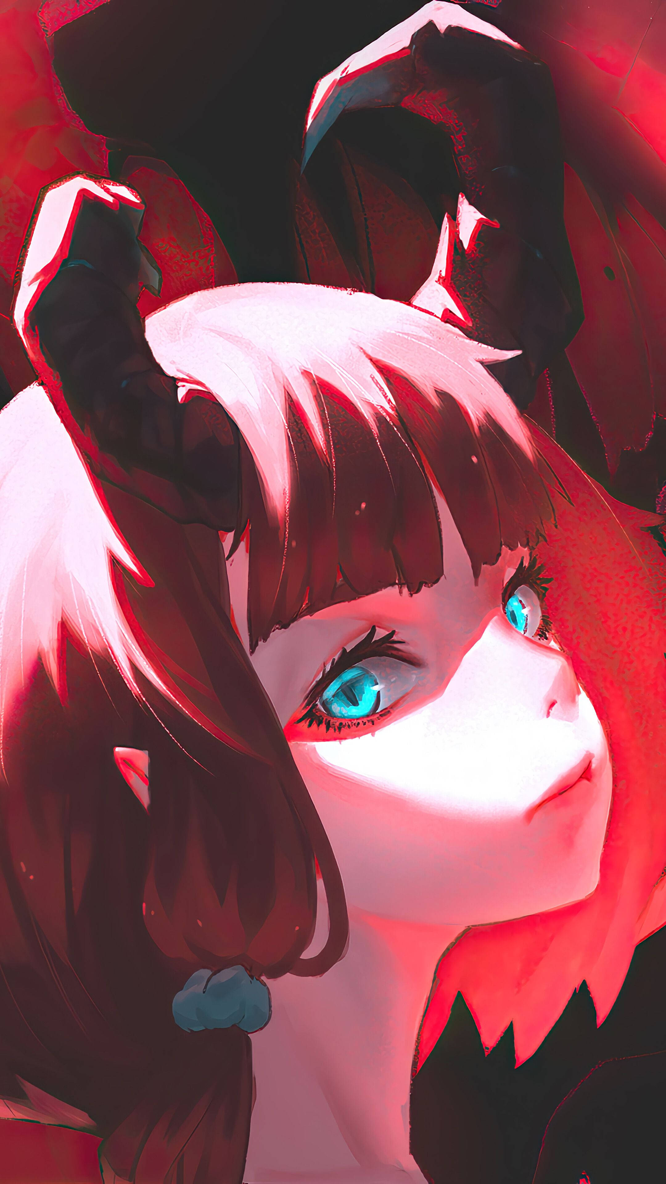 Red Devil Girl, red hair, blue eyes, 4K Phone Wallpaper