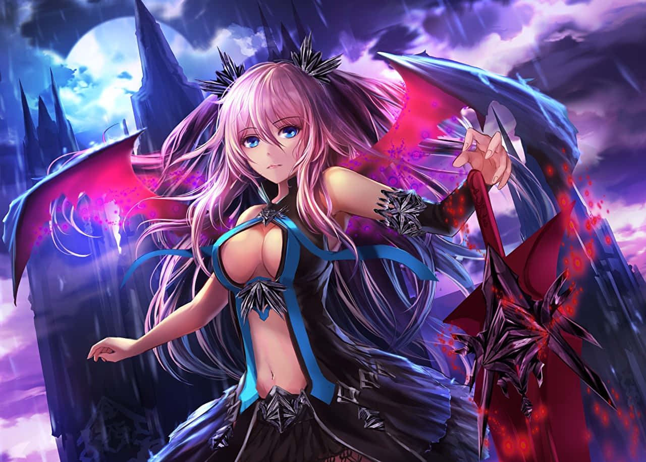 Devil Girl, pink-haired, glowing red wings, HD Desktop Wallpaper