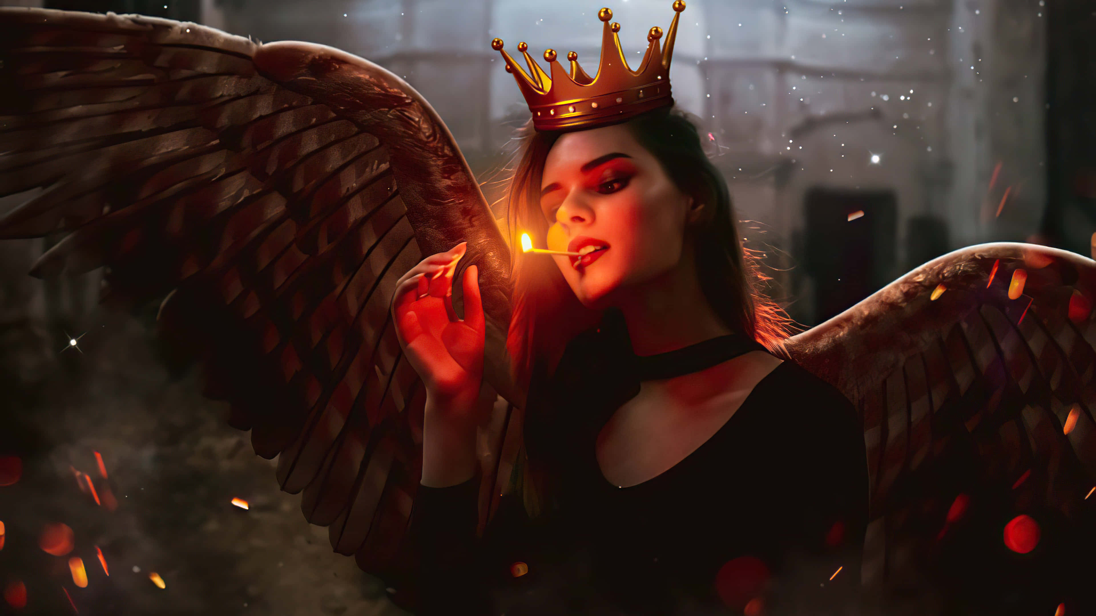 Devil Girl, crowned angel, dark wings, 4K Desktop Wallpaper