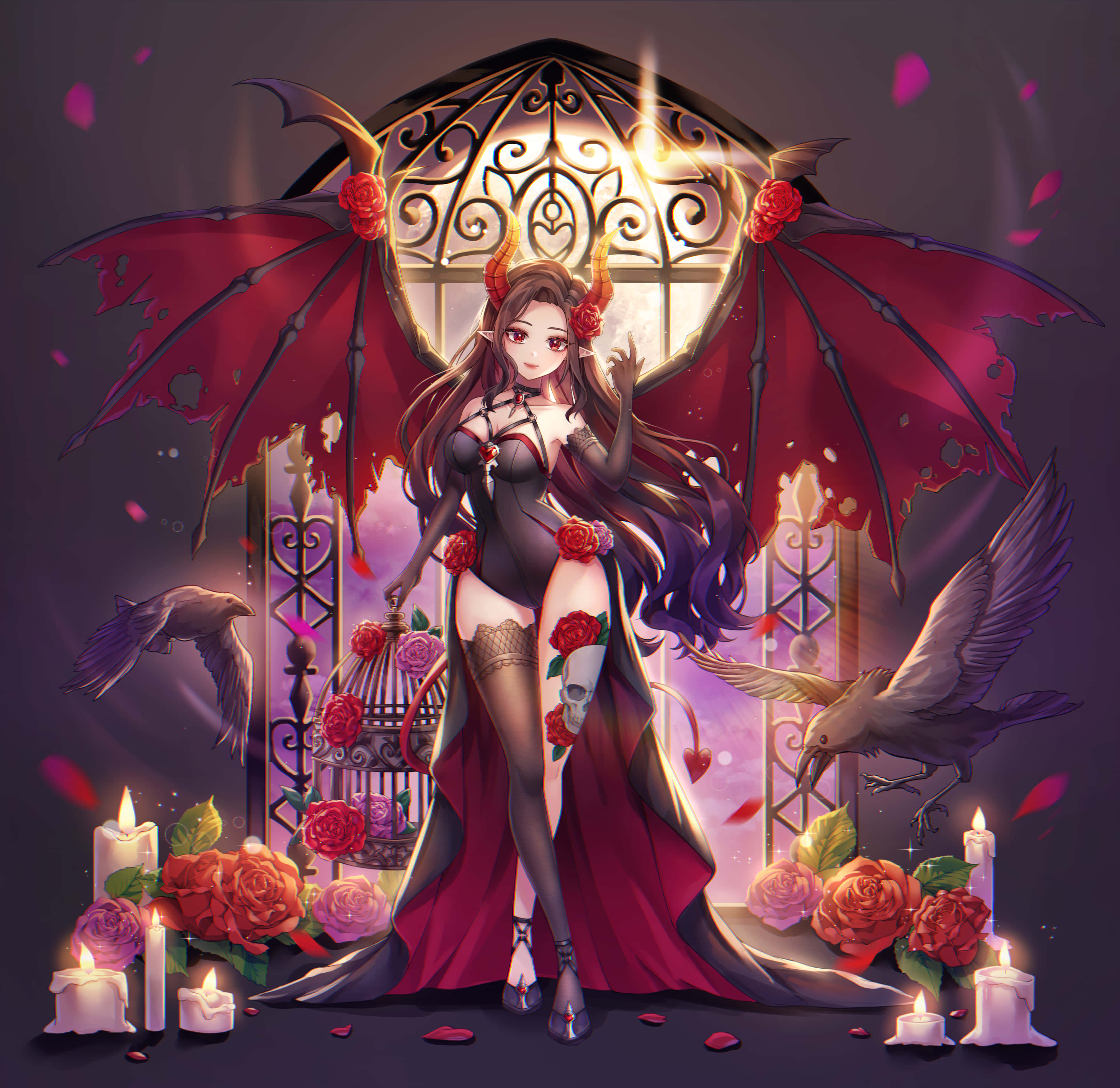 Devil Girl, red wings, roses, 2K Desktop Wallpaper