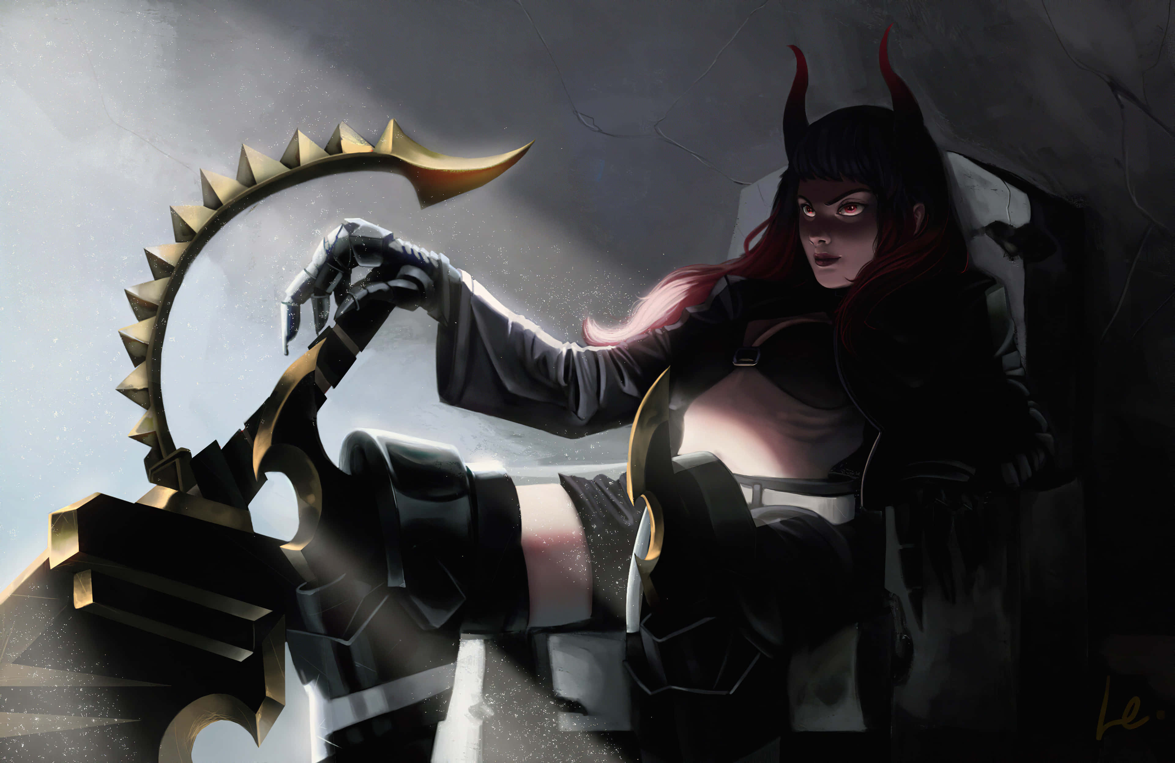Devil Girl, red horns, spiked golden scythe, 4K Desktop Wallpaper