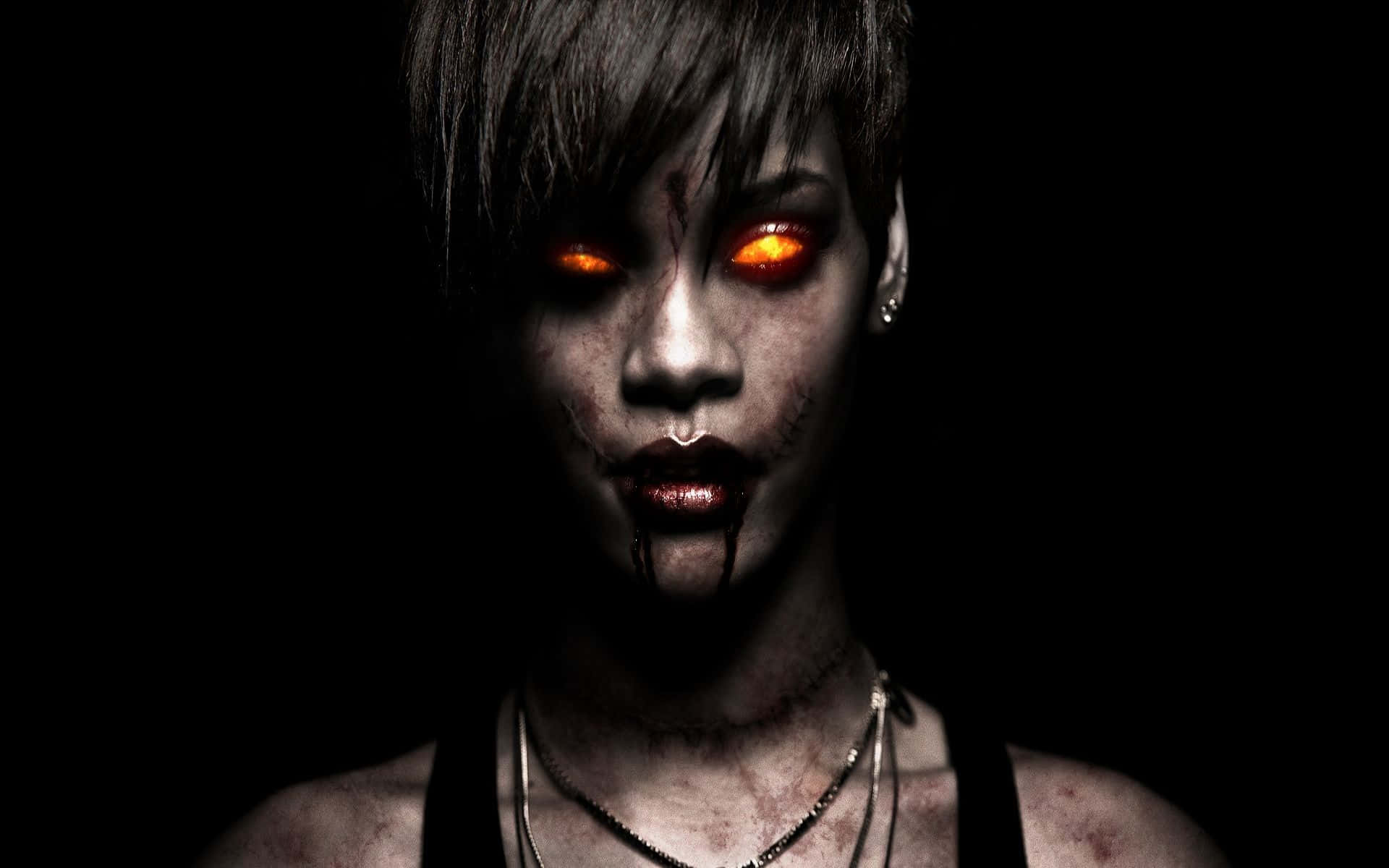 Devil Girl, glowing orange eyes, blood dripping from lips, Full HD Desktop Wallpaper