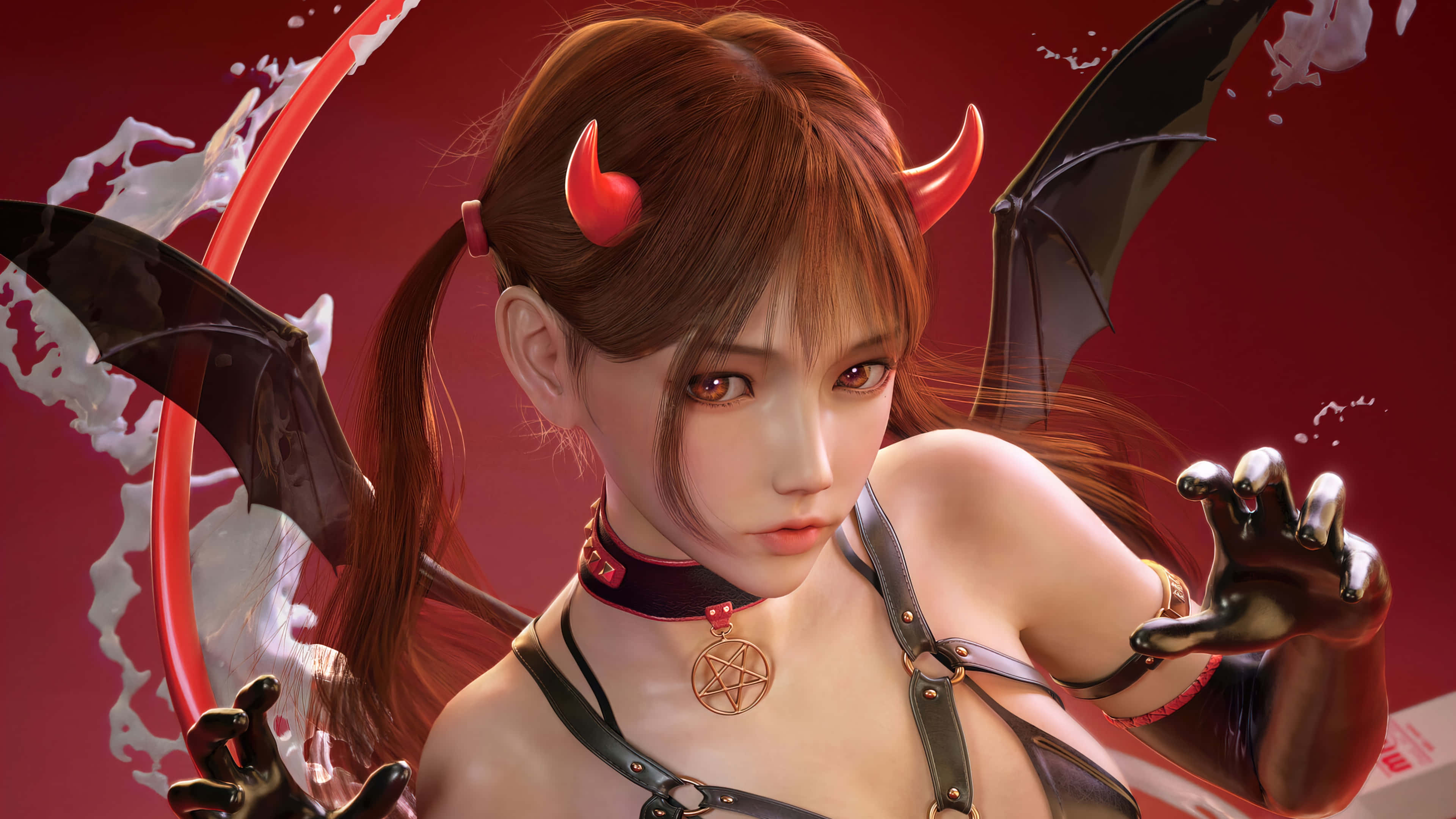 Devil Girl, red horns, black wings, 4K Desktop Wallpaper