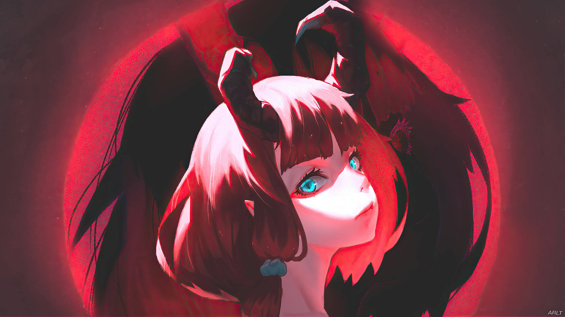anime girl, red hair, horns, Full HD Desktop Wallpaper