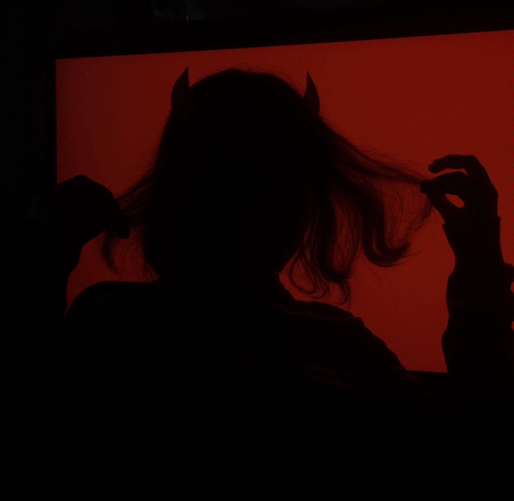 devil horns, silhouette, glowing red background, Full HD Desktop Wallpaper