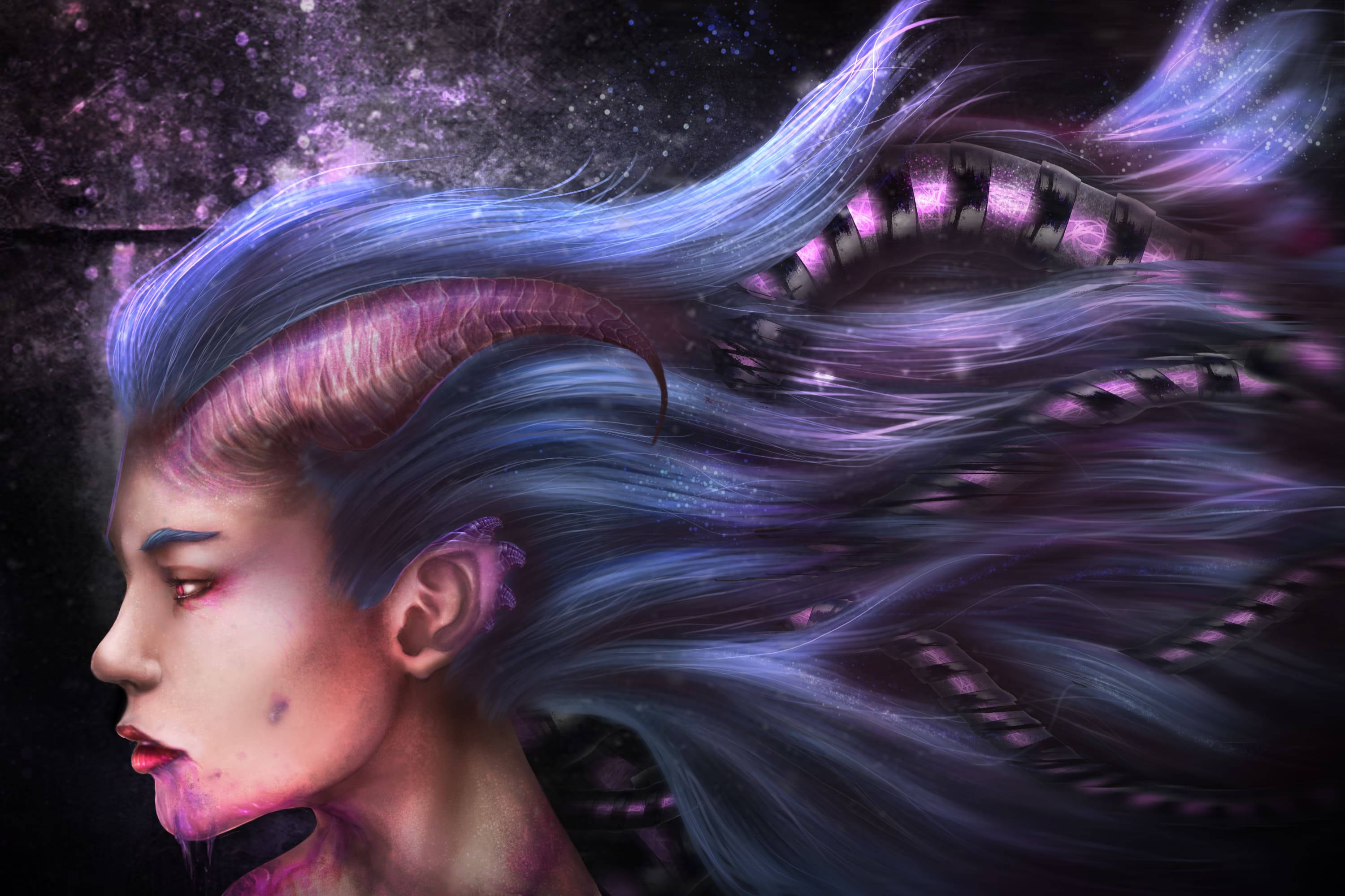 Devil Horns, fantasy demon, blue and purple hair, 2K Desktop Wallpaper