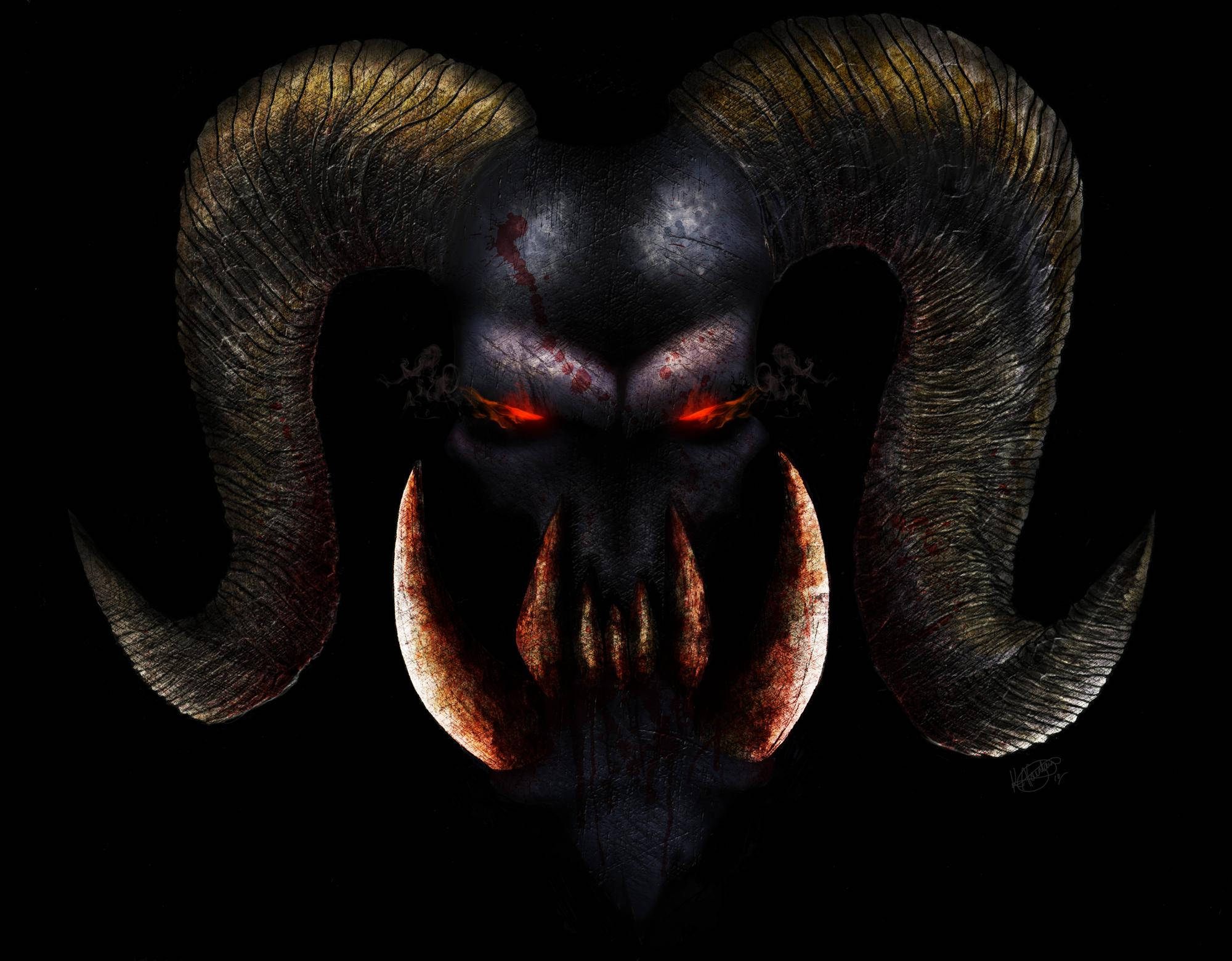 Devil Horns, demonic skull, glowing red eyes, Full HD Desktop Wallpaper