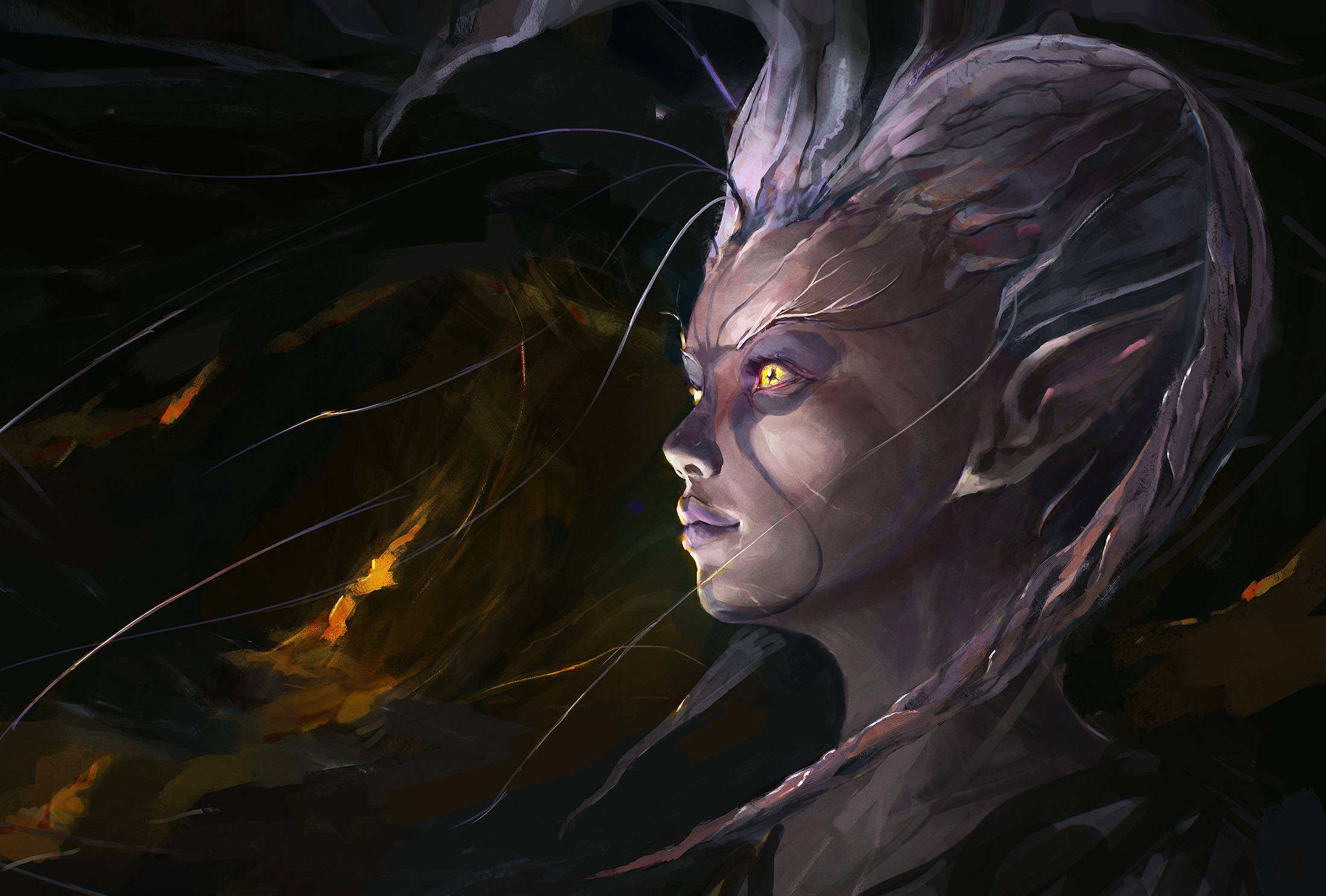 Devil Horns, mystical elf, glowing amber eyes, Full HD Desktop Wallpaper