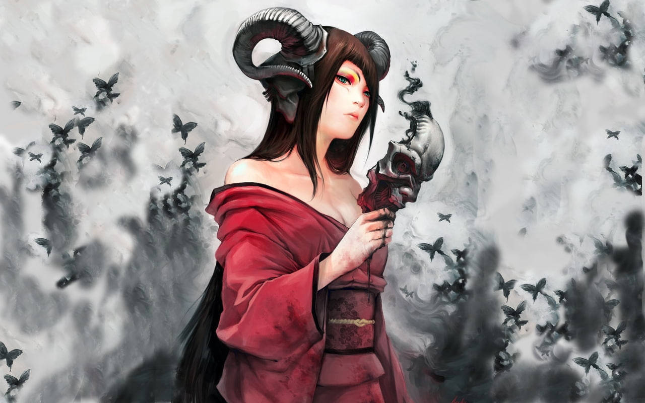 Red Devil Girl, ram horns, red eyes, HD Desktop Wallpaper