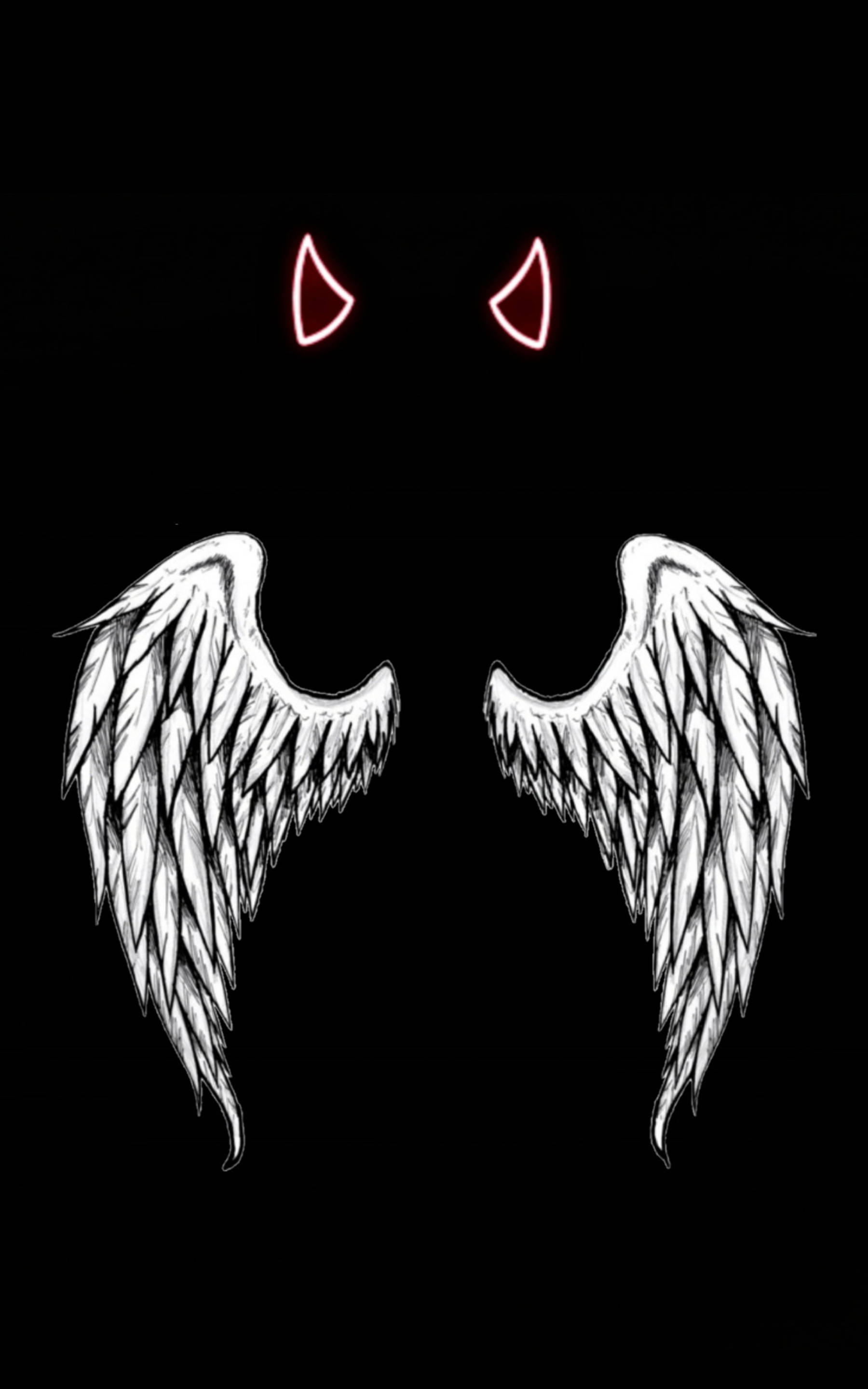 devil horns, angel wings, black background, 2K Phone Wallpaper