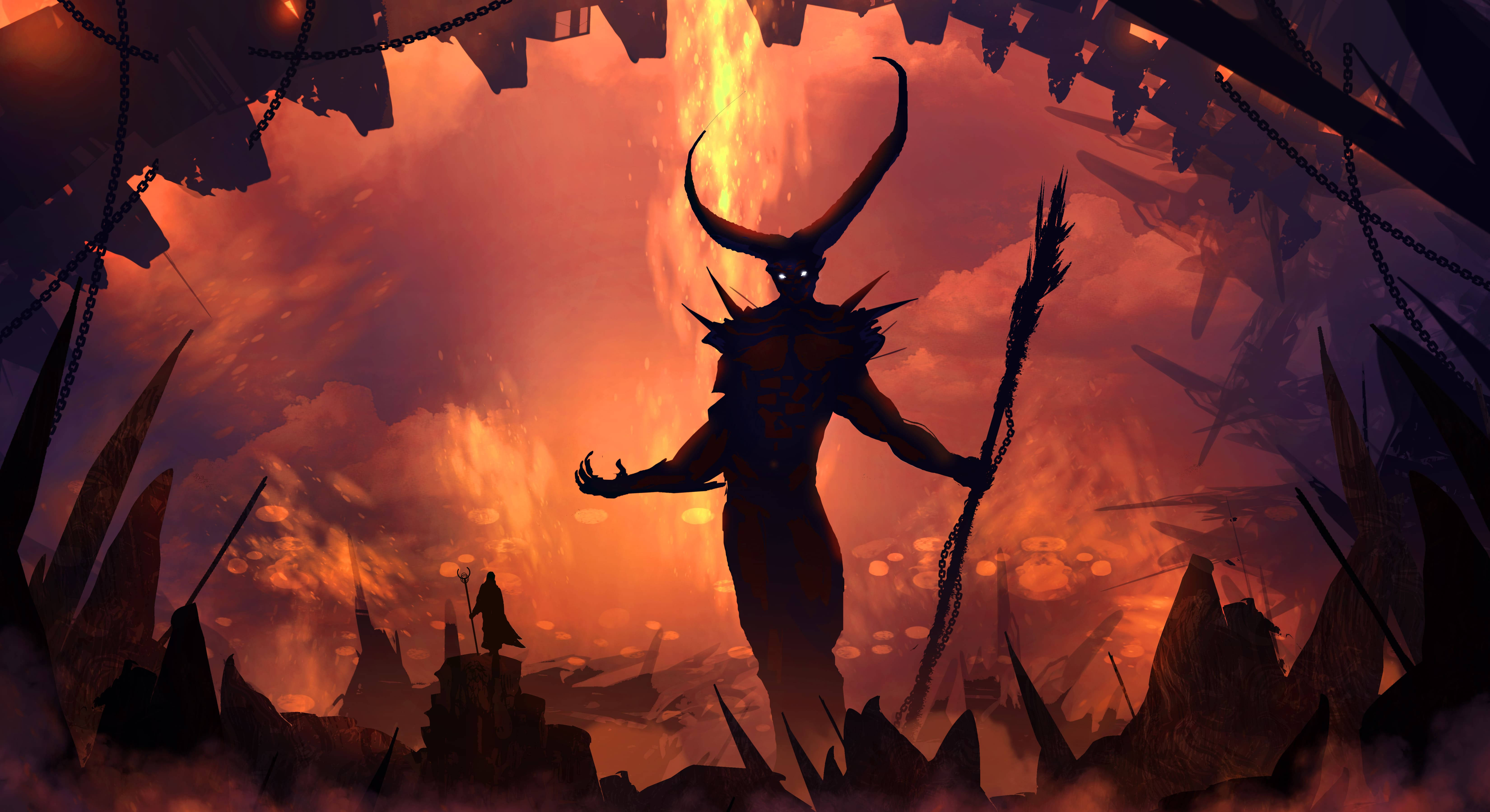 tall horned demon, fiery ruins, molten sky, 5K Desktop Wallpaper