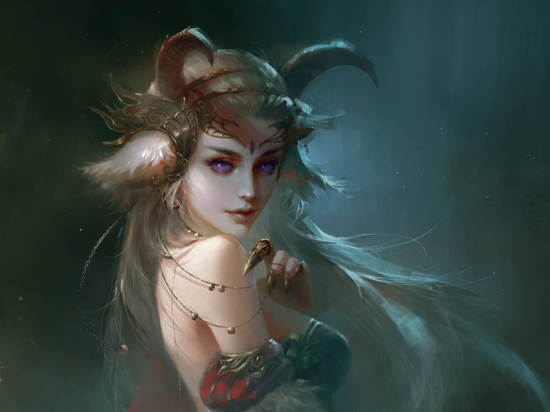 Devil Horns, goat horns, silver hair, Full HD Desktop Wallpaper