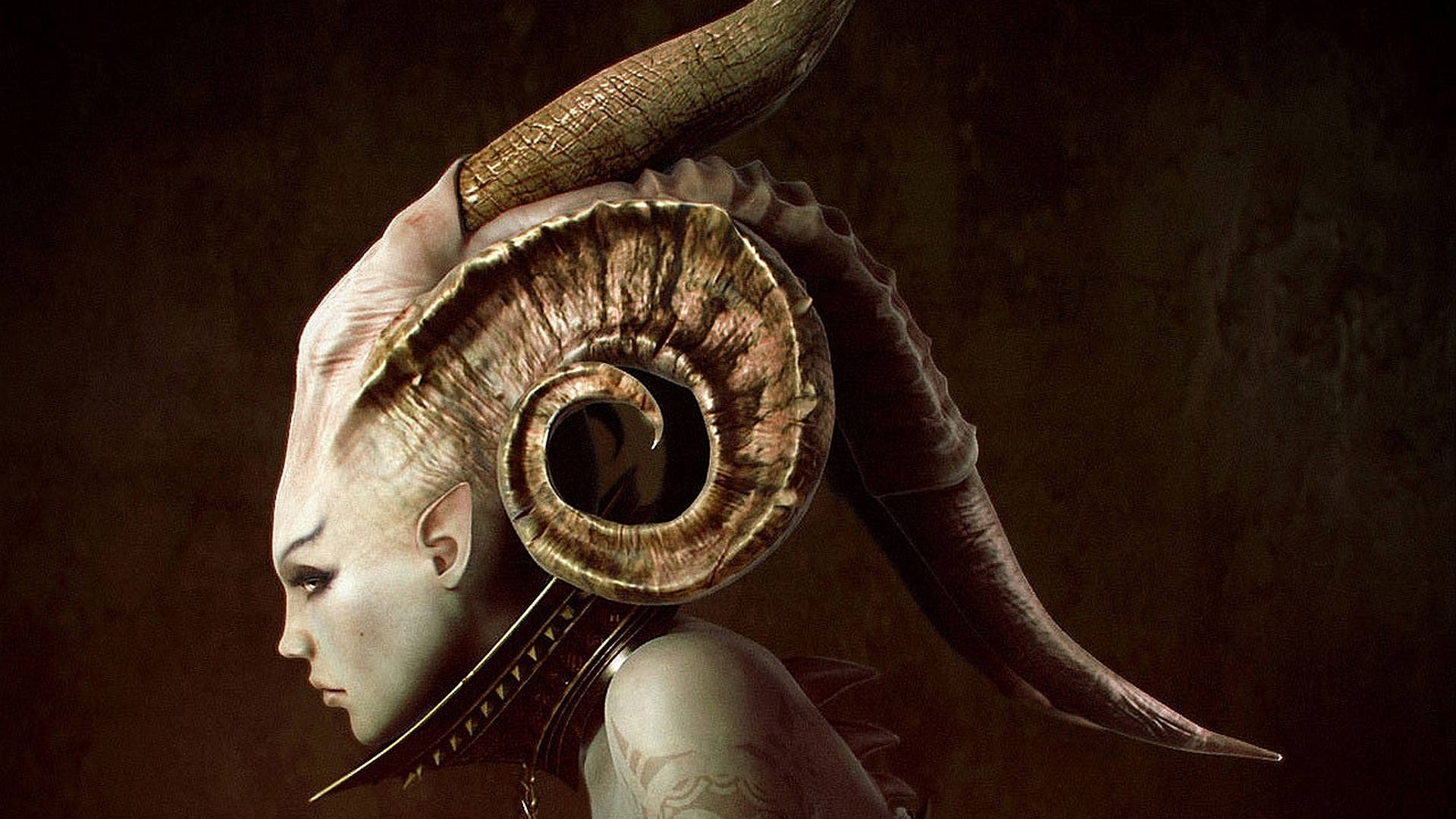 Devil Horns, spiraled ram horn, pale skin, Full HD Desktop Wallpaper