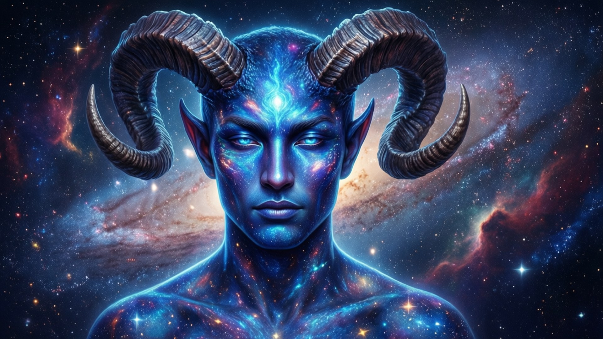 Cosmic Devil Horns, ram horns, glowing blue skin, Full HD Desktop Wallpaper