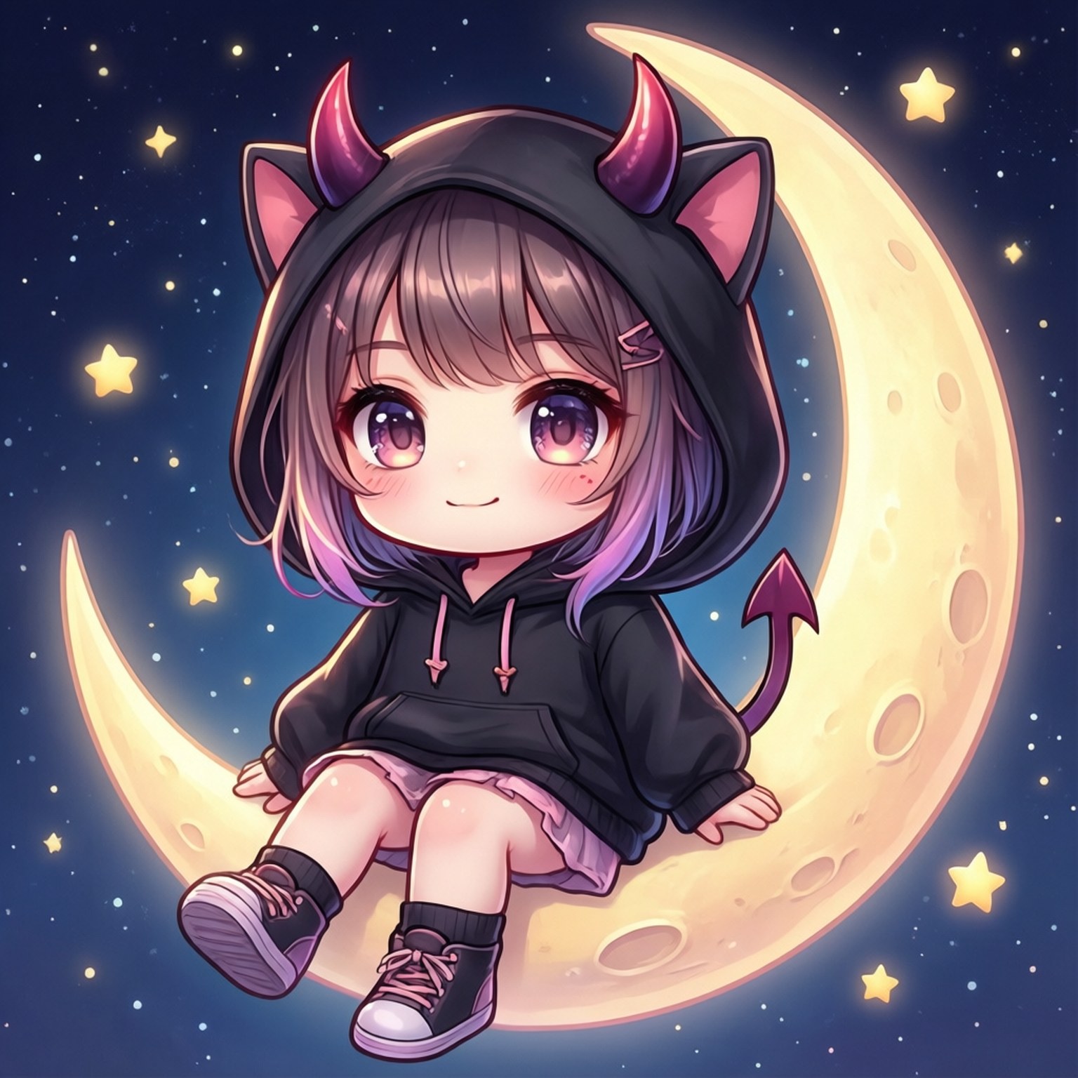chibi anime girl, purple hair, devil horns, HD Desktop Wallpaper