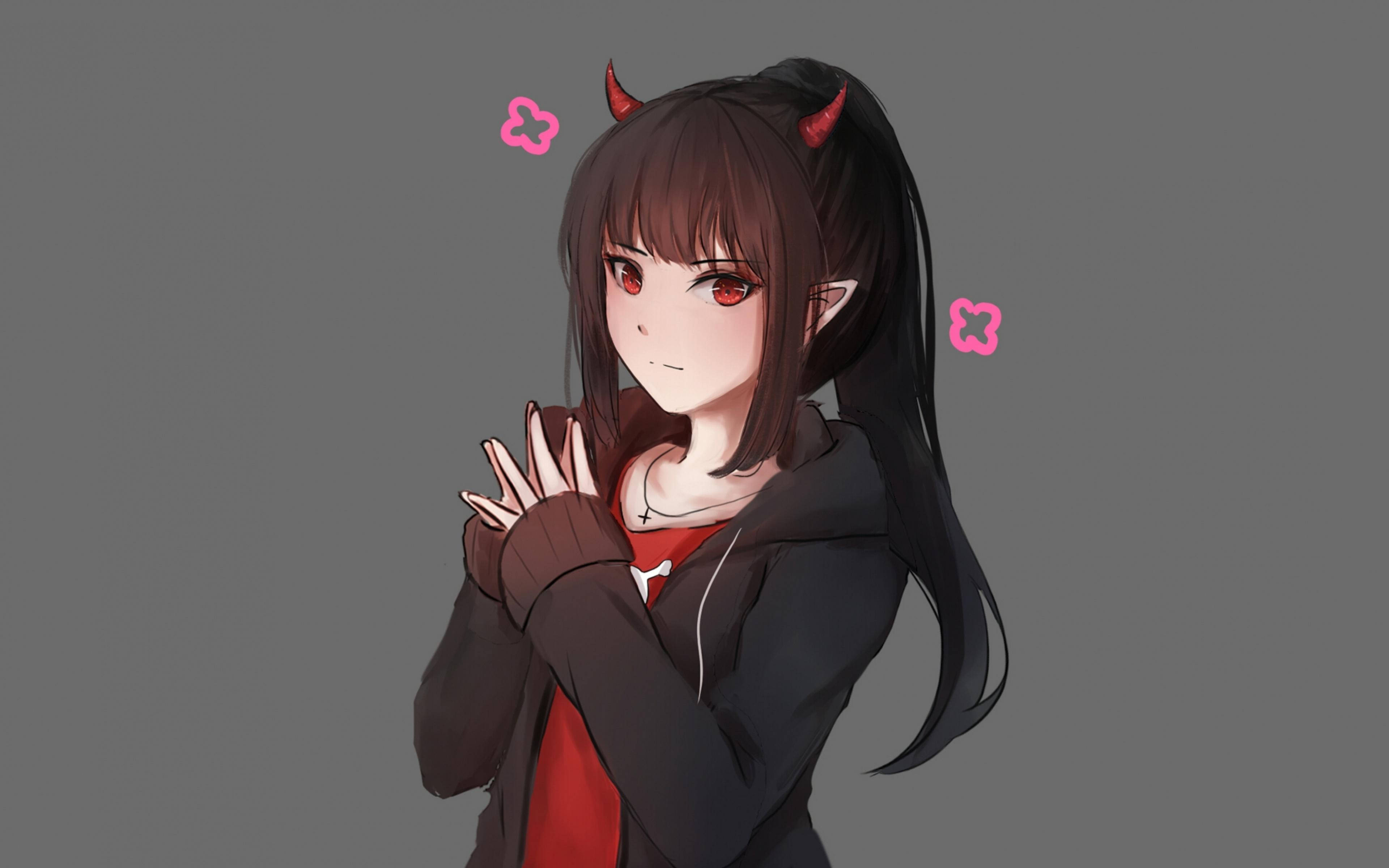 cute devil horns, anime girl, red eyes, 4K Desktop Wallpaper