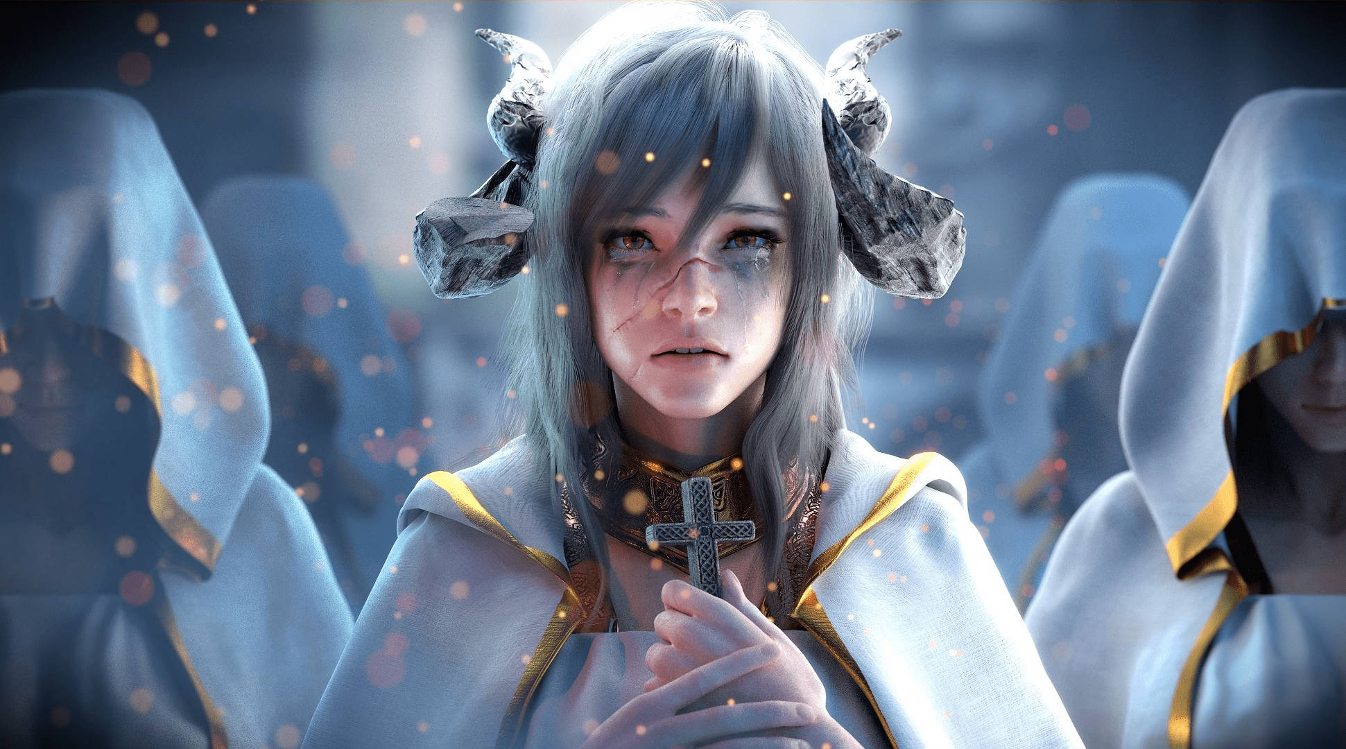 Devil Horns Girl, silver hair, stone horns, Full HD Desktop Wallpaper