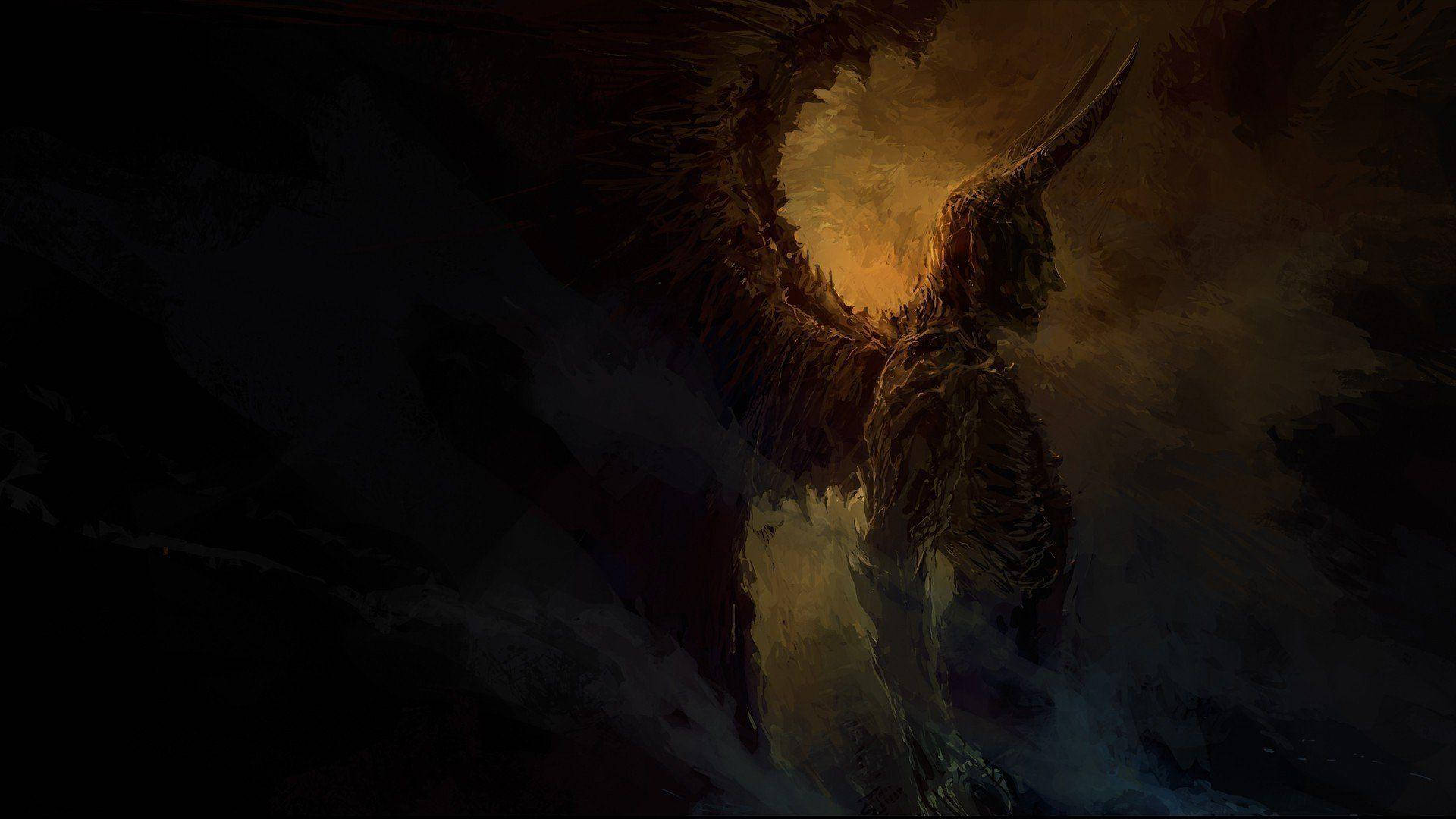 Devil, dark-winged demonic figure, glowing horns, Full HD Desktop Wallpaper