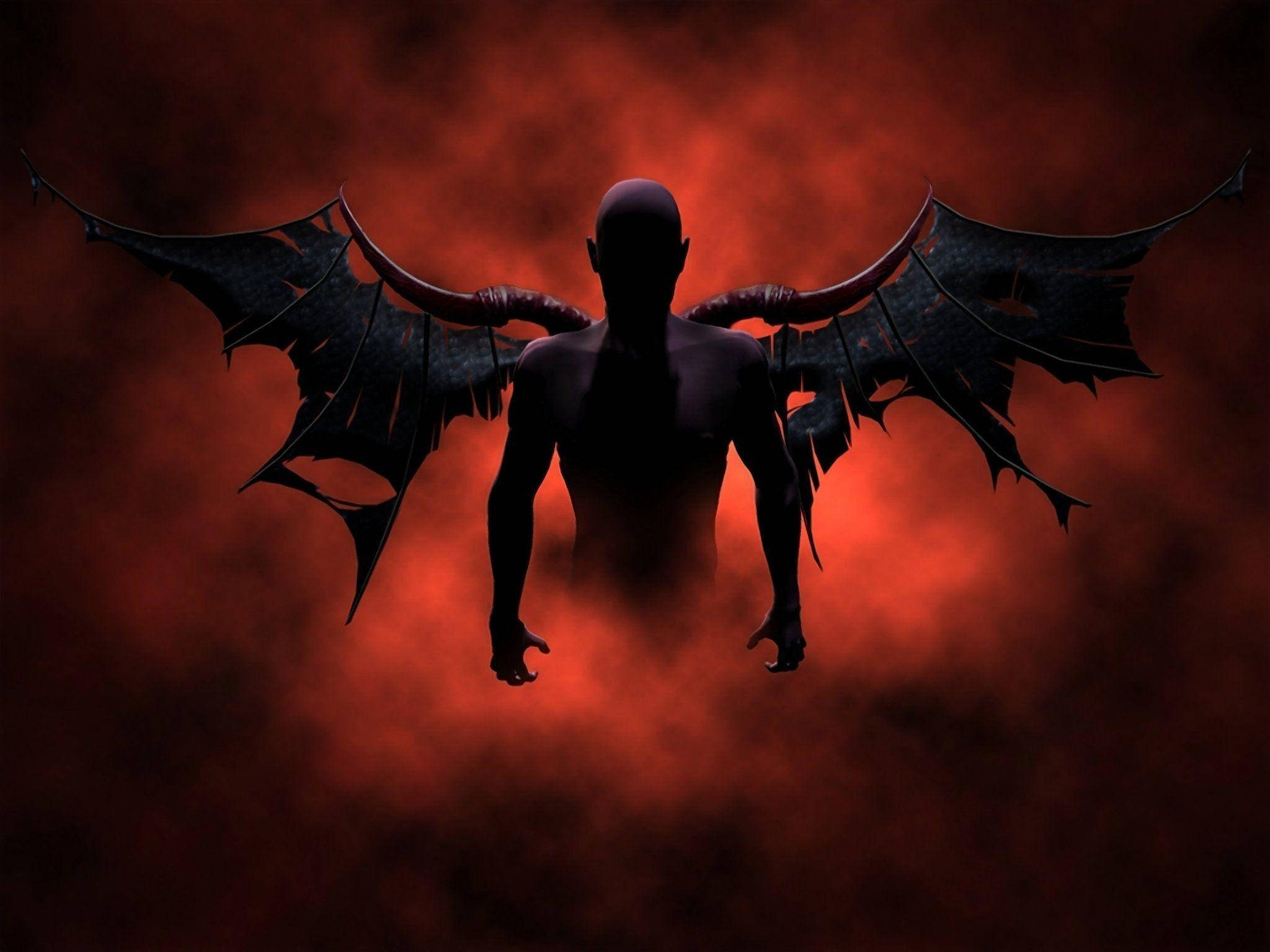 Devil, dark-winged demonic figure, fiery red smoky backdrop, Full HD Desktop Wallpaper