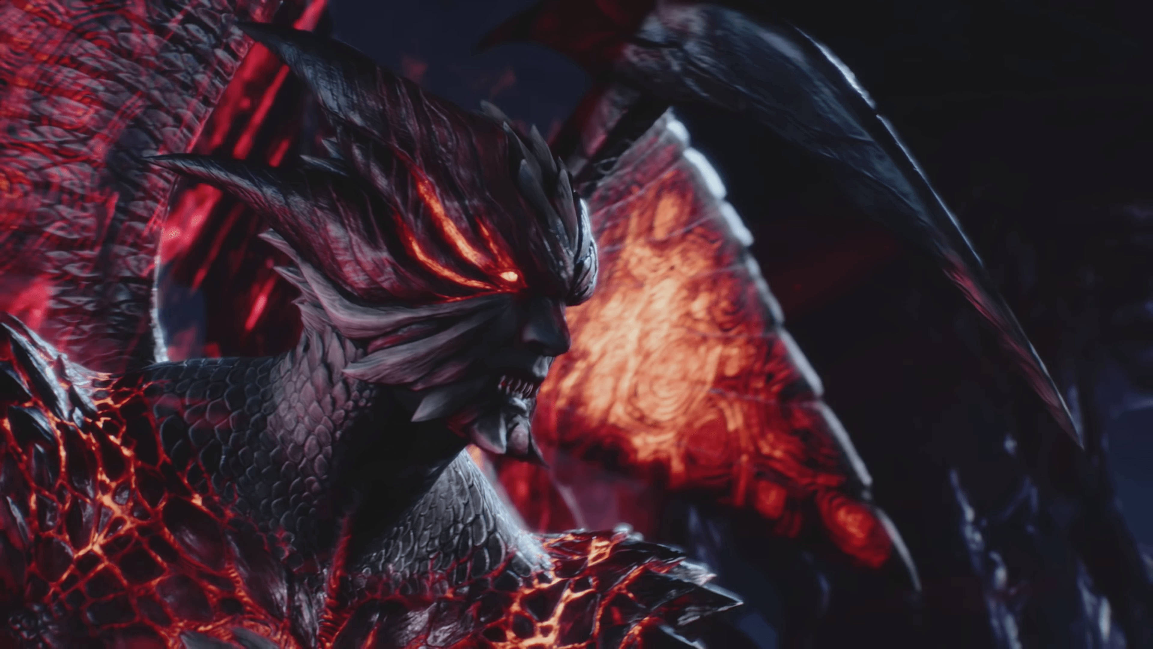 Devil May Cry 5, demonic dragon, glowing red eyes, 4K Desktop Wallpaper