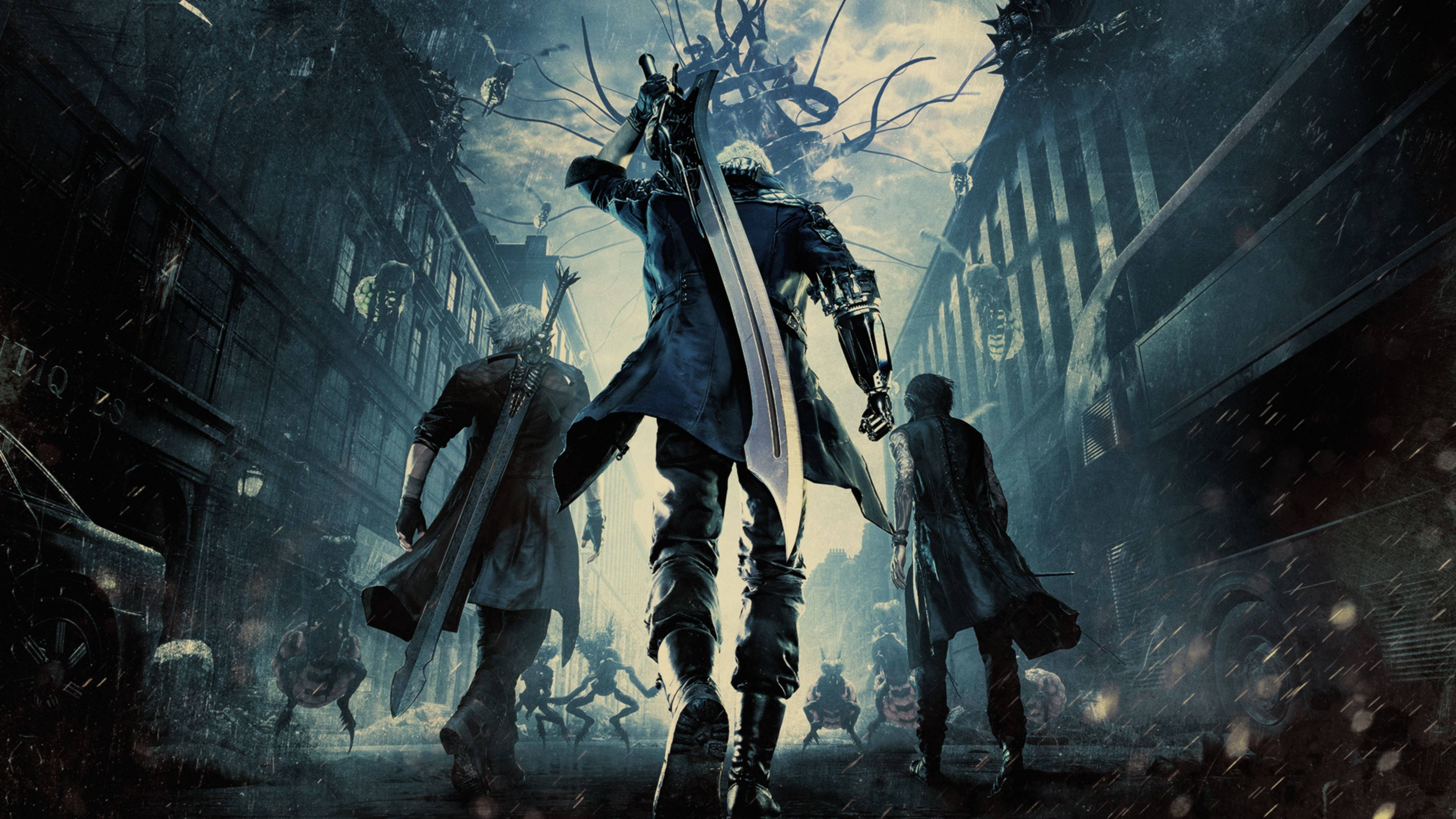 Devil May Cry 5, armored warriors, massive swords, 4K Desktop Wallpaper