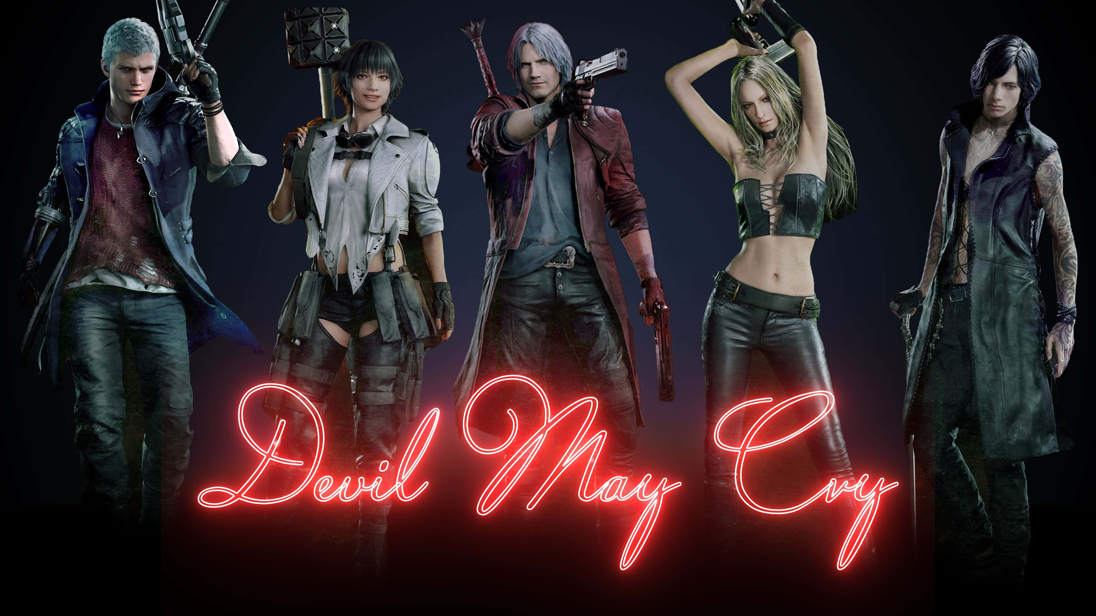 Devil May Cry 5, main characters, glowing red neon title text, 4K Desktop Wallpaper