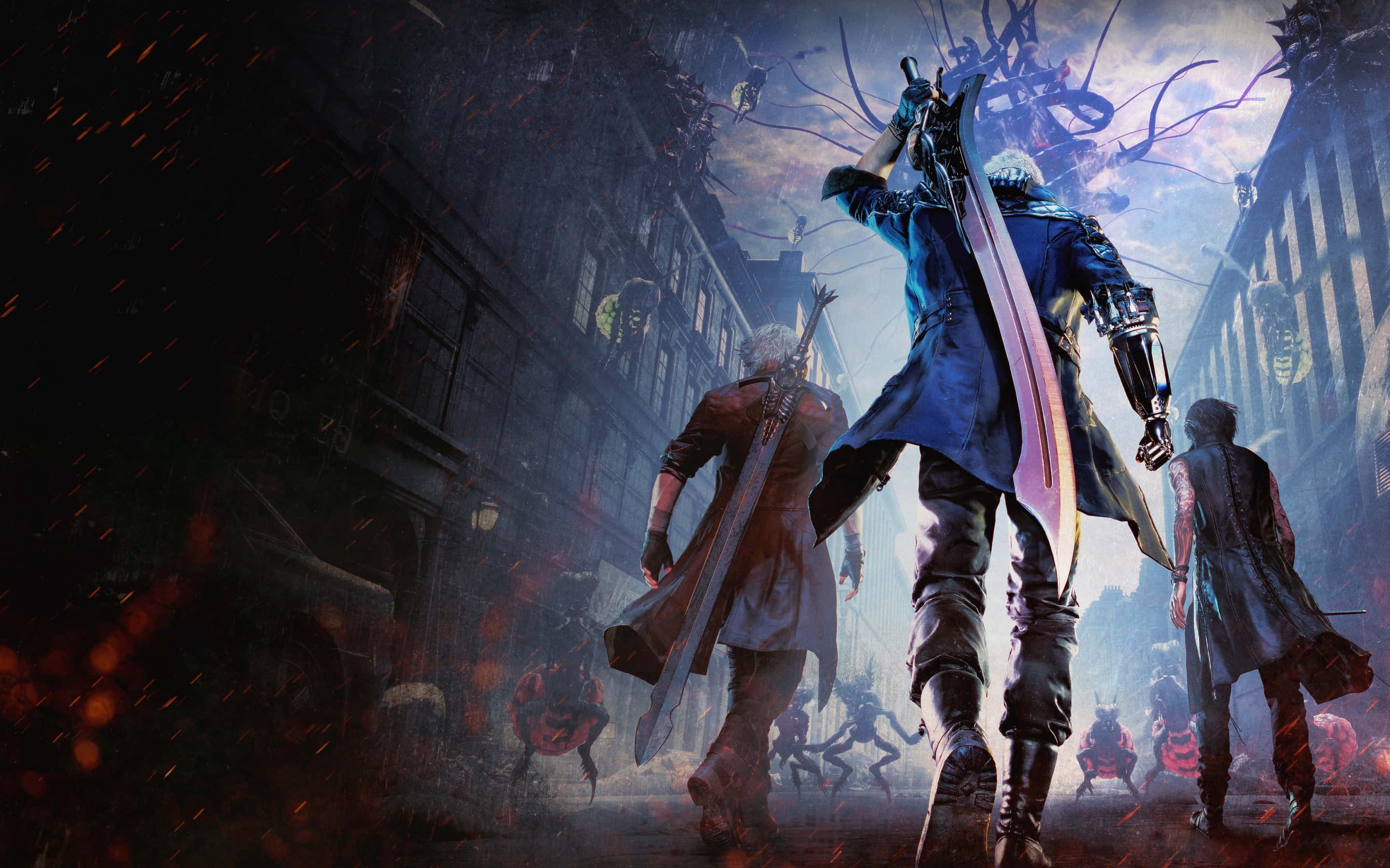 Devil May Cry 5, armored warriors, fiery ruined city street, 2K Desktop Wallpaper