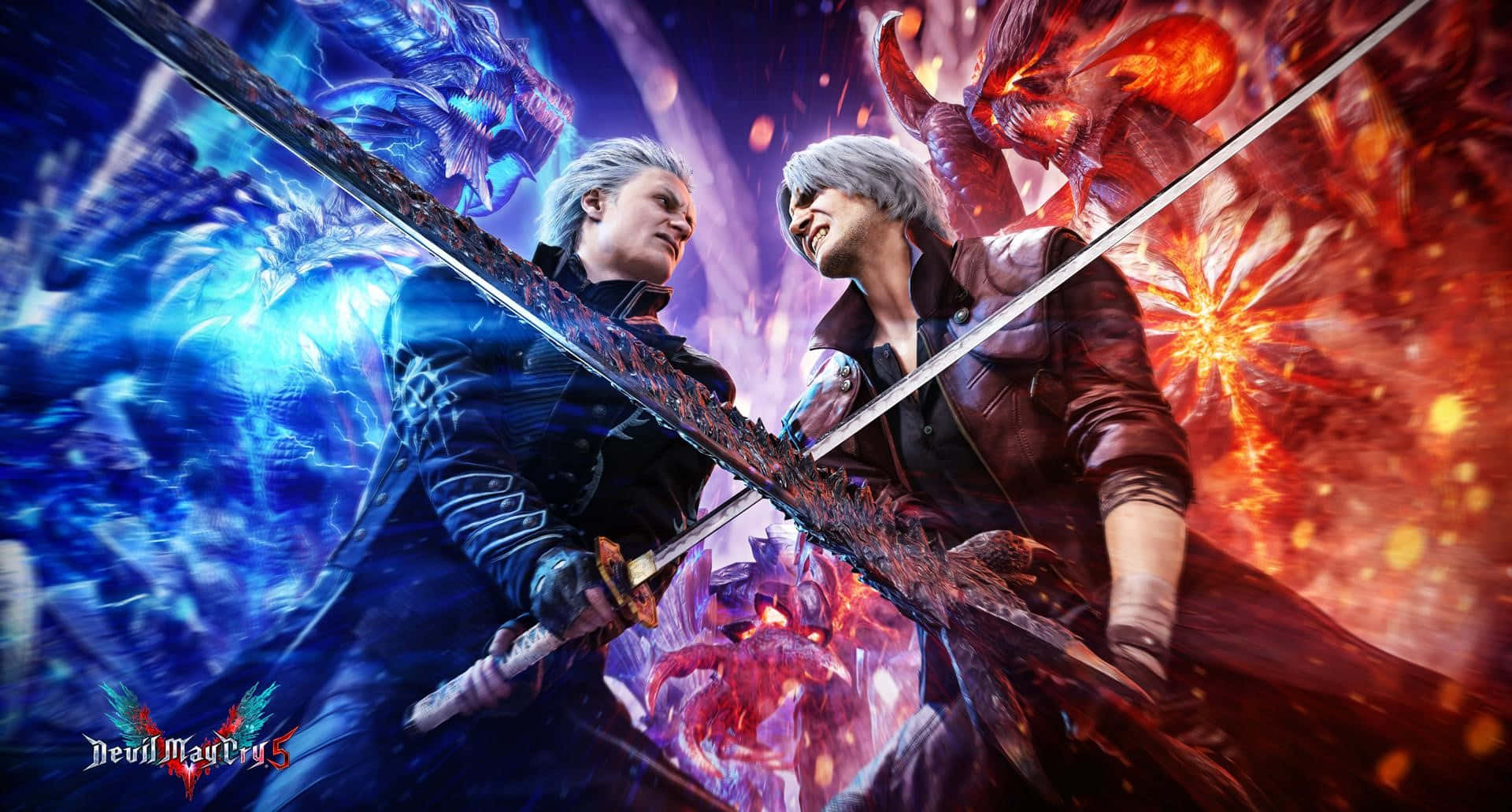 Devil May Cry 5, epic showdown, fiery blue and red, Full HD Desktop Wallpaper