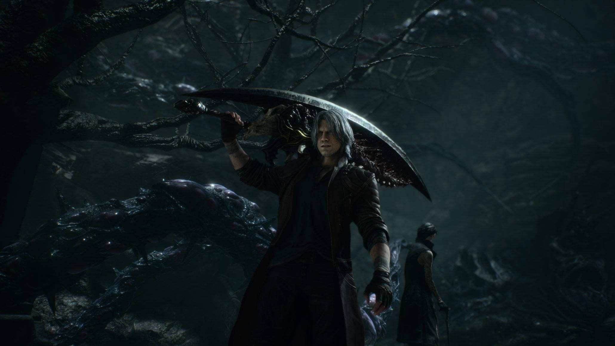 Devil May Cry 5, dark-haired warrior, massive curved blade, Full HD Desktop Wallpaper