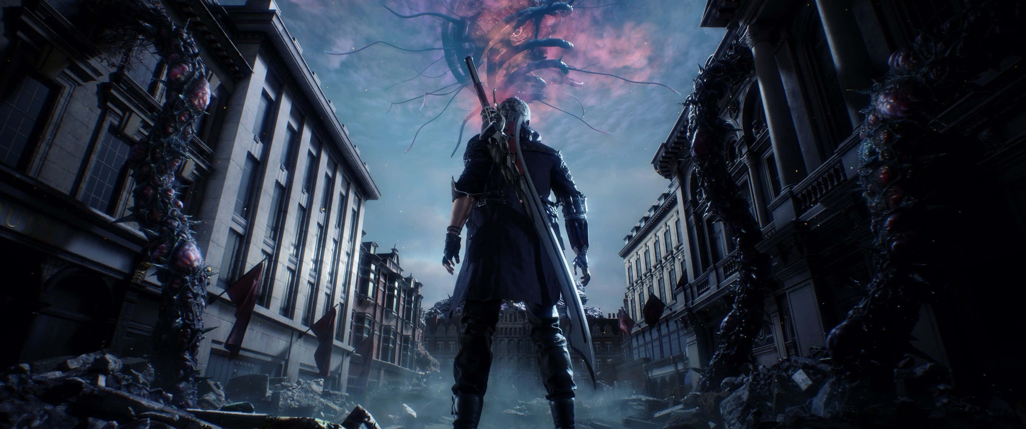 Devil May Cry 5, ruined city street, monstrous red creature, 2K Desktop Wallpaper