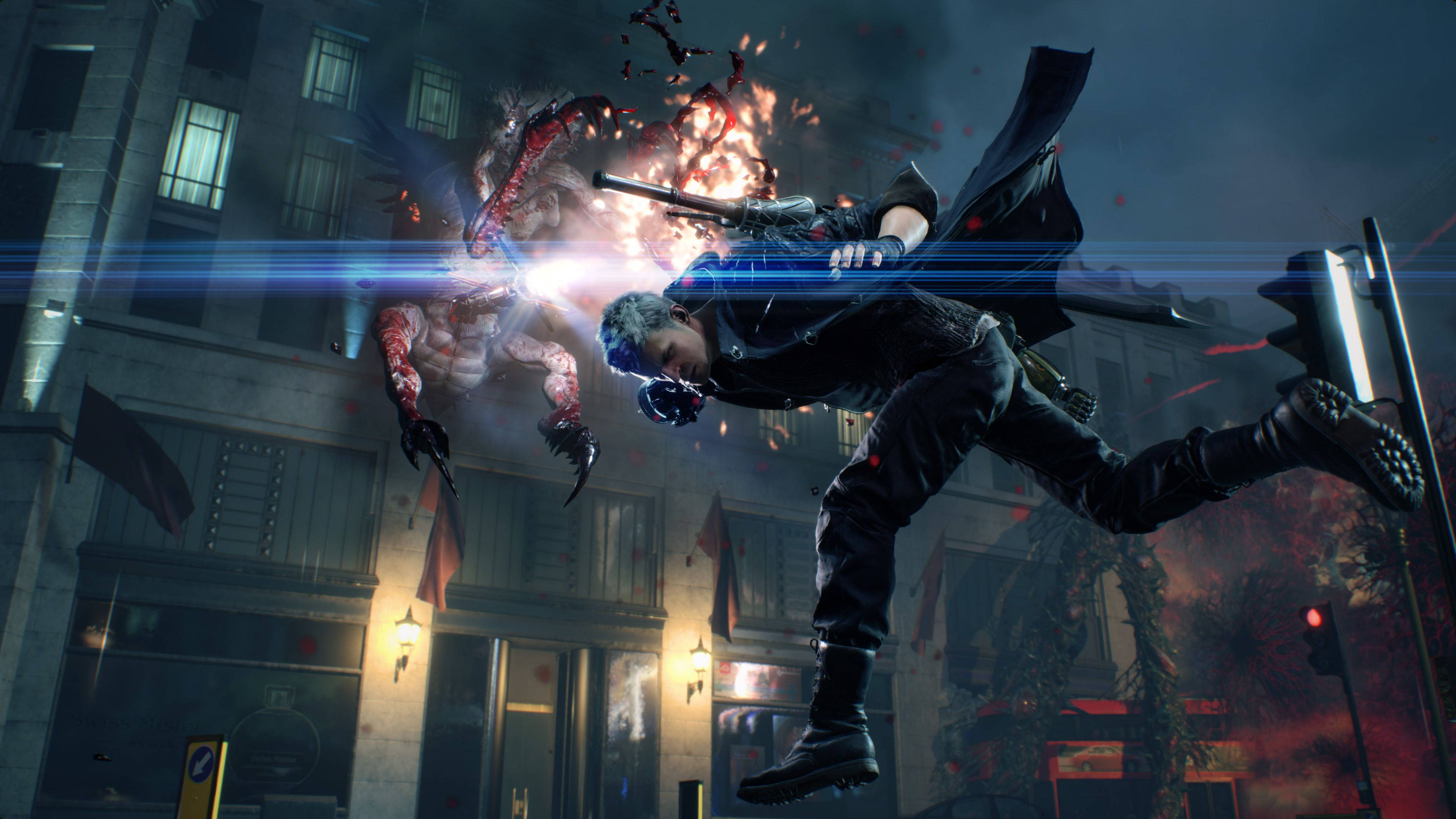 Devil May Cry 5, blue-haired warrior, rainy city street, 4K Desktop Wallpaper