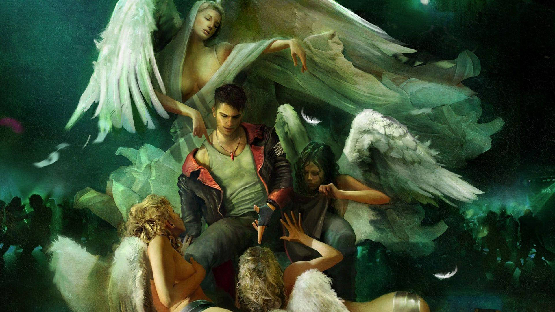 Devil May Cry 5, red jacket, angelic figures, Full HD Desktop Wallpaper