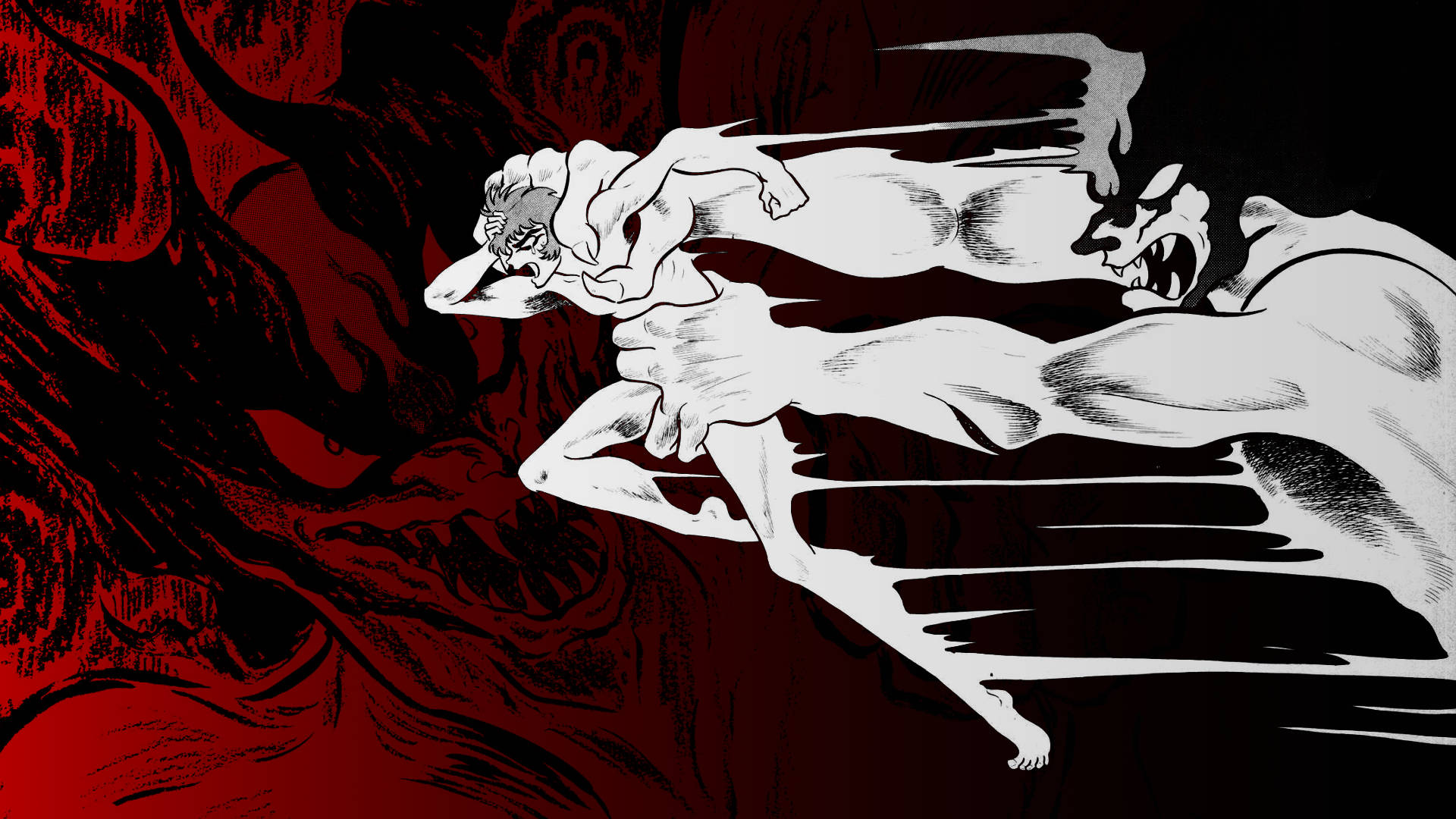 Akira, Devilman Crybaby, swirling red and black background, Full HD Desktop Wallpaper